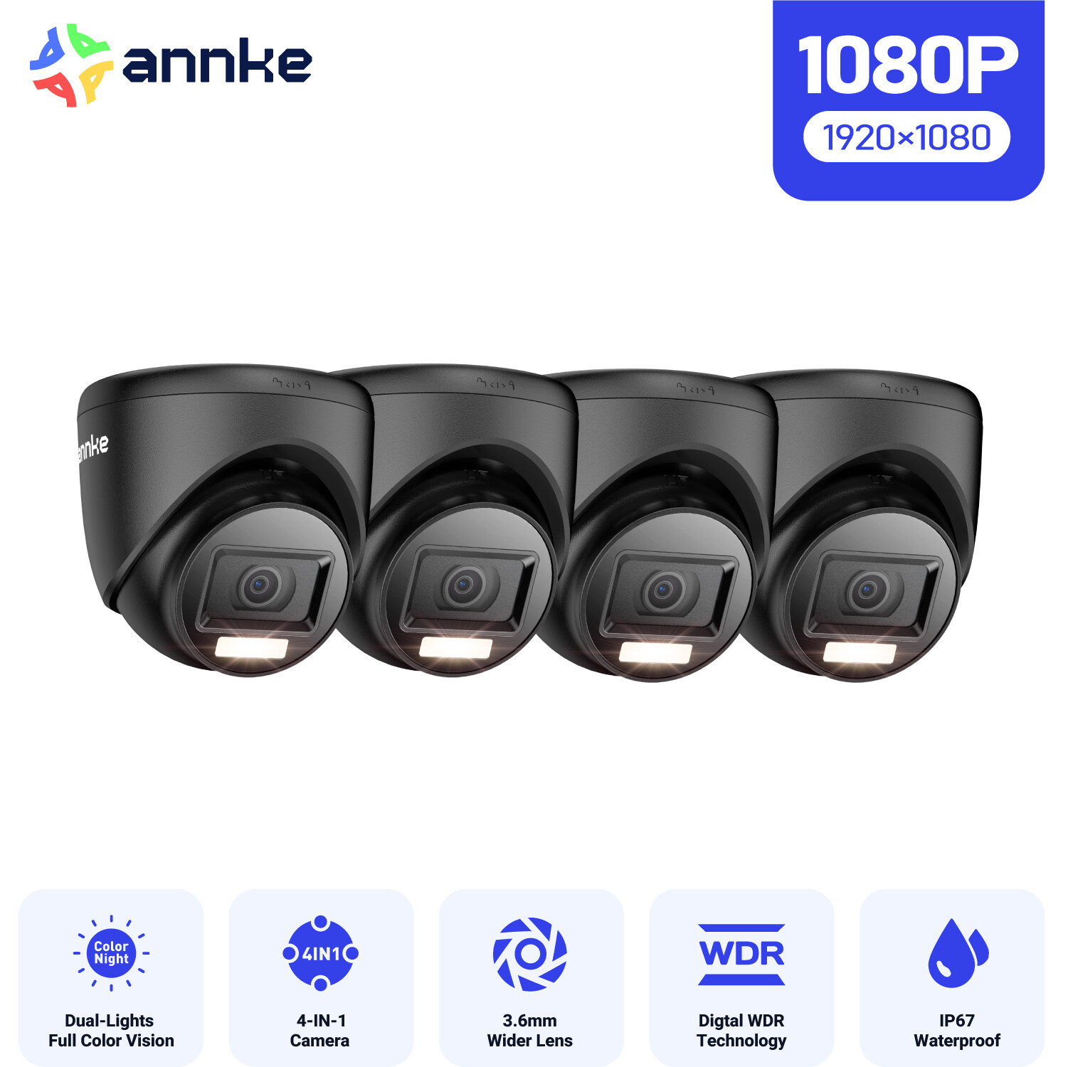 ANNKE 4x HD 1080P AI Color Night Vision 2MP Outdoor CCTV Security Camera IP67