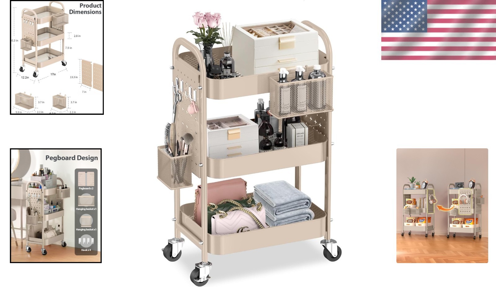 Multi-Purpose Rolling Cart with 3 Shelves, Pegboards, & Lockable Wheels in Khaki
