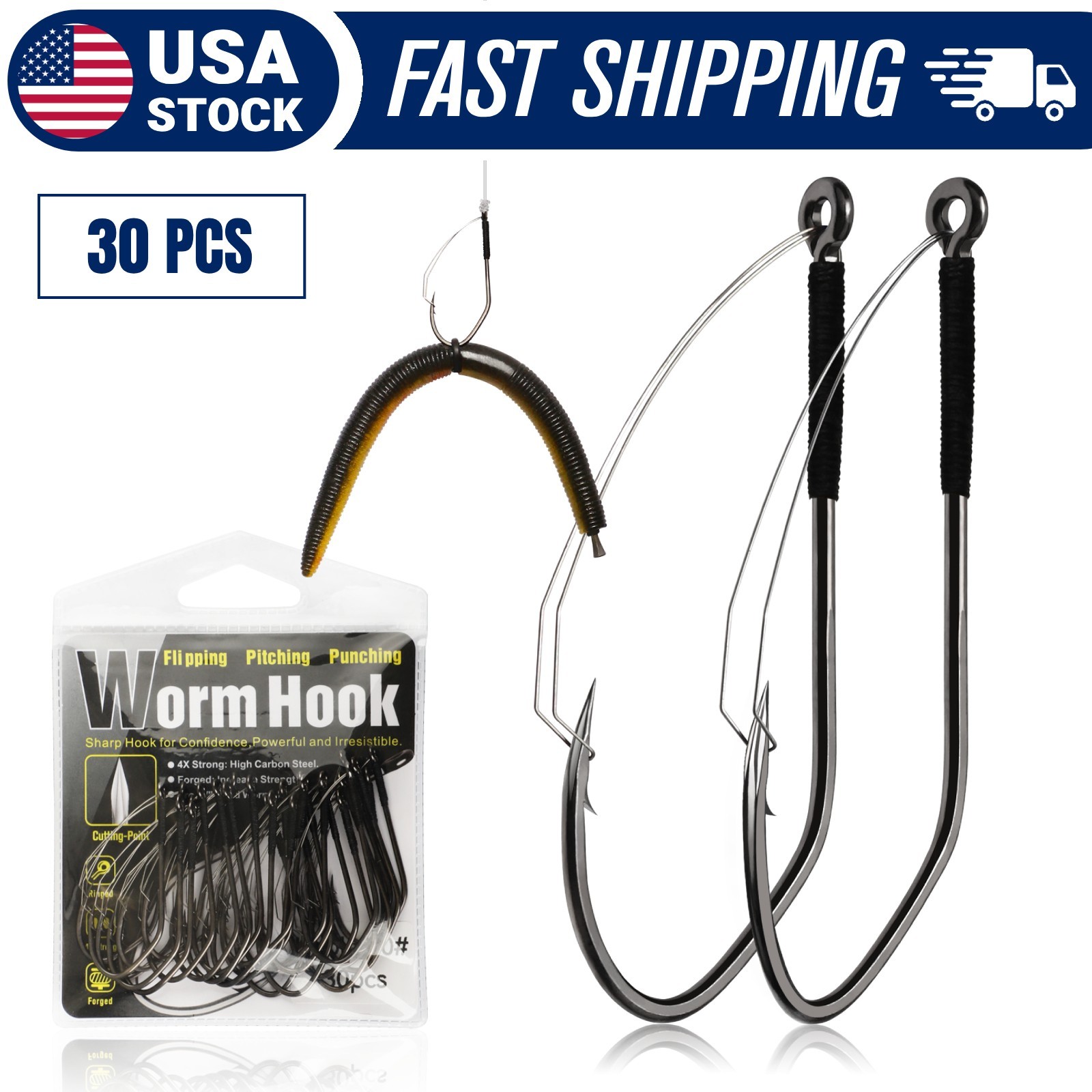 Dovesun 30PCS Weedless Worm Hooks - 2/0 V Fishing Hooks for Wacky Rig Texas Rig
