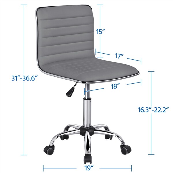 Low Back Armless Office Chair, PU Leather Ribbed Armless Swivel Task Chair Grey