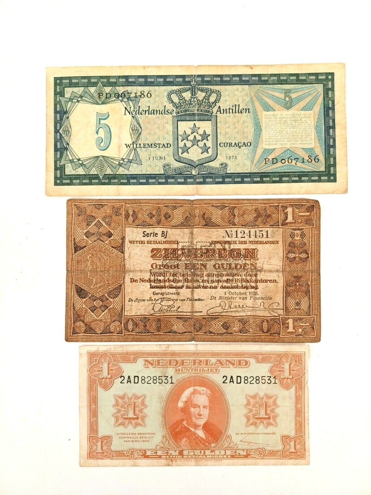 Lot of 3 Netherlands Gulden Banknote 1938 1 Gulden Netherlands Antilles 5 Gulden