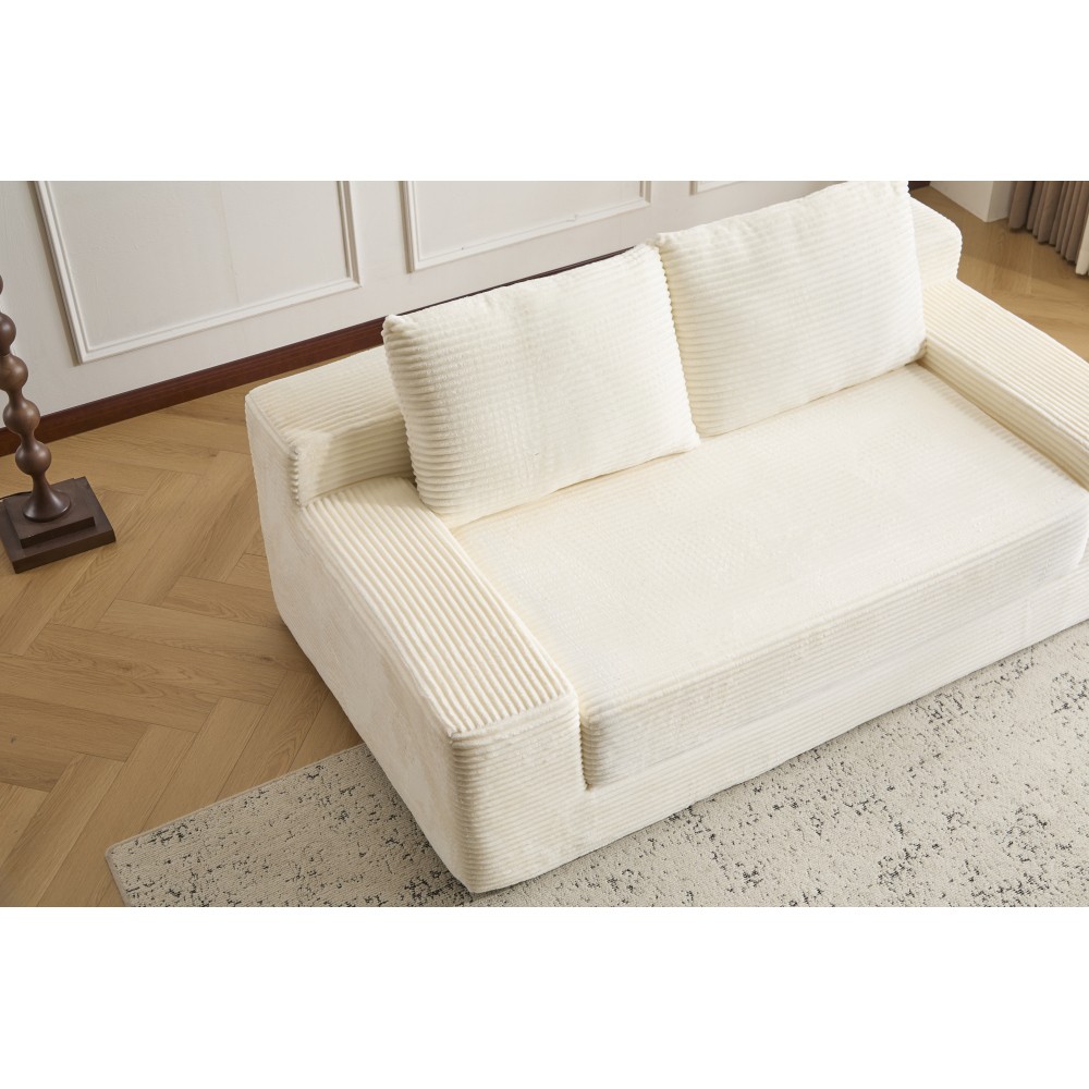 Modern Loveseat Sofa Bed w/Reversible Cushion & Pillows, White Corduroy