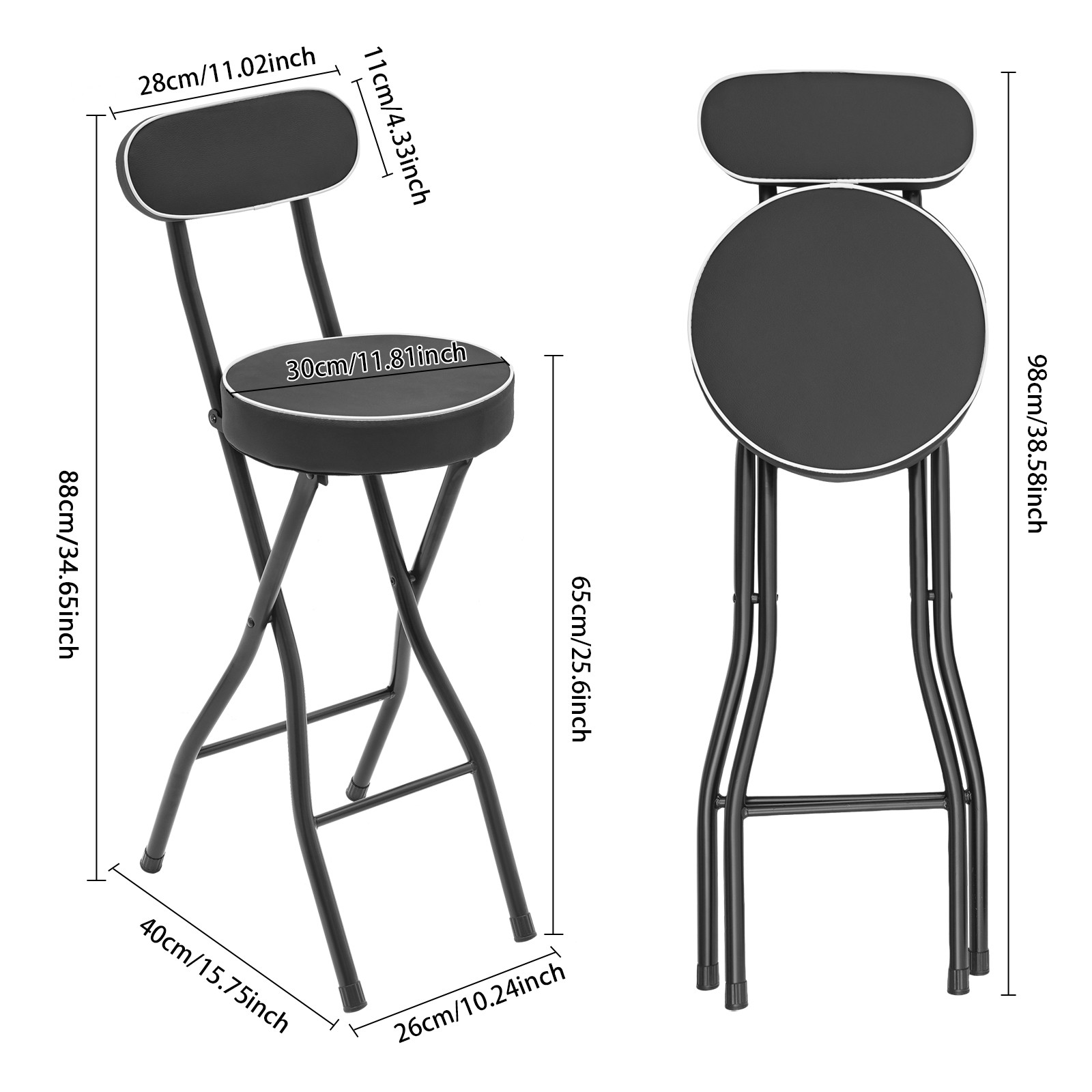 2pcs Black Counter Stool Bar Stool Portable Folding Kitchen Dining Chair US