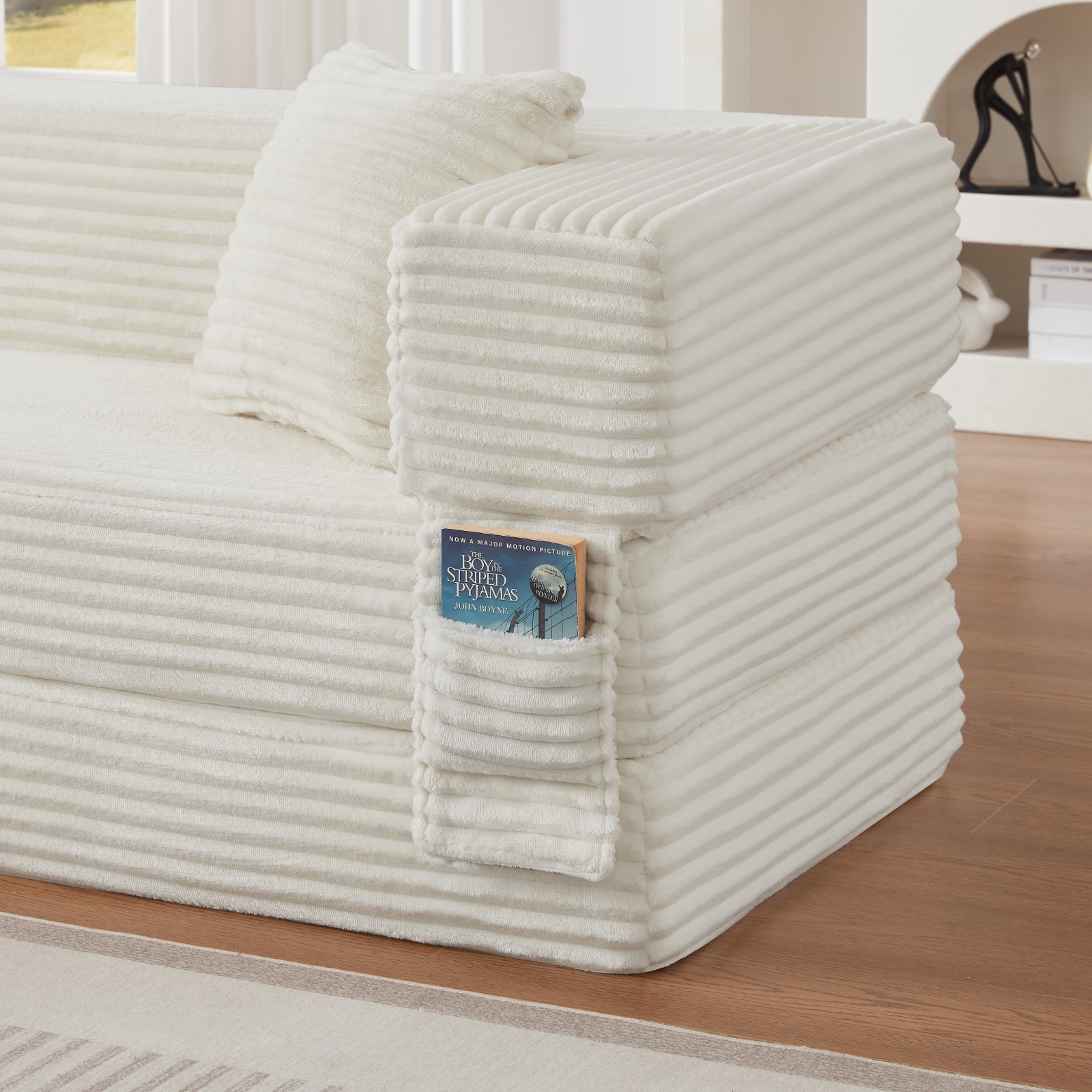 Stylish Convertible Cord Sofa Bed with Unique Two-Tier Design