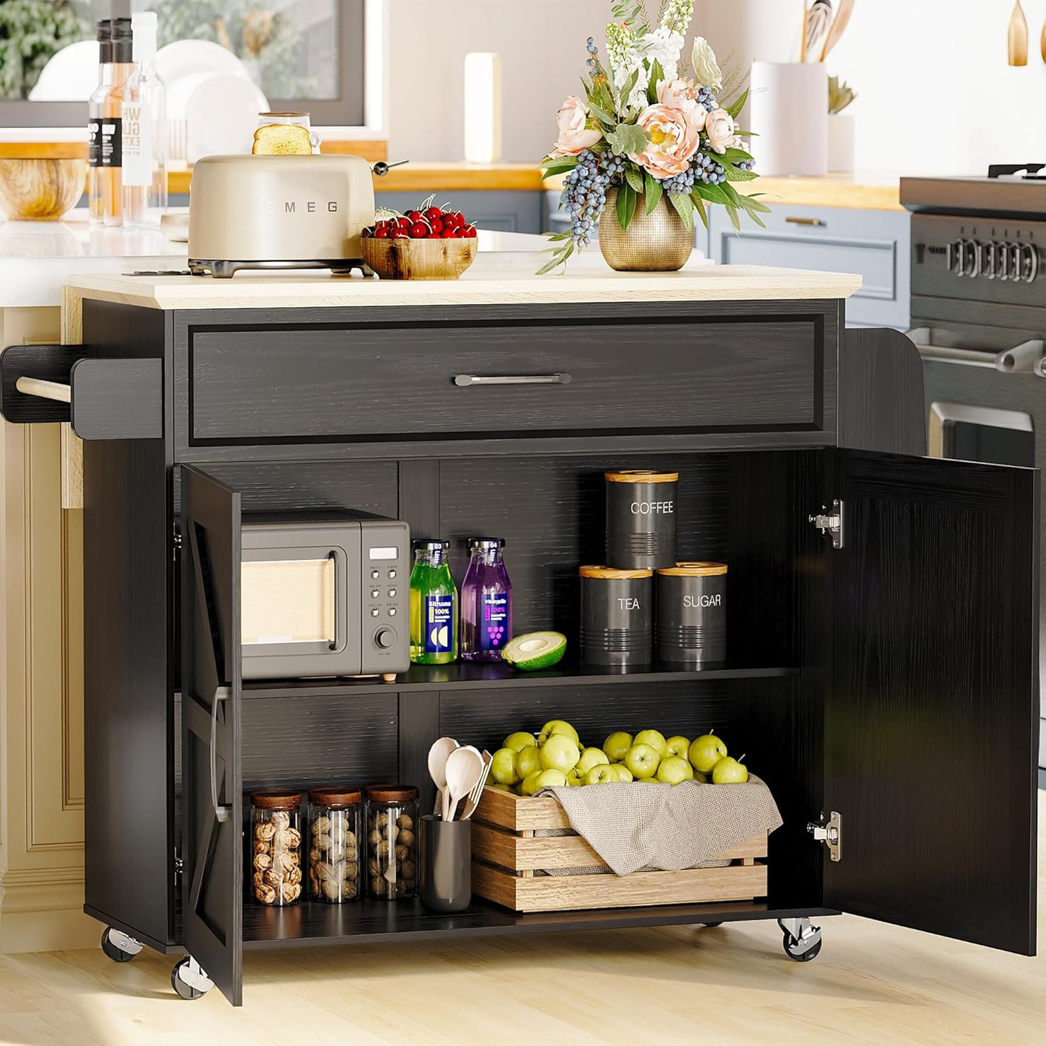 Rolling Kitchen Island Cart with Storage & Power Outlet - Black