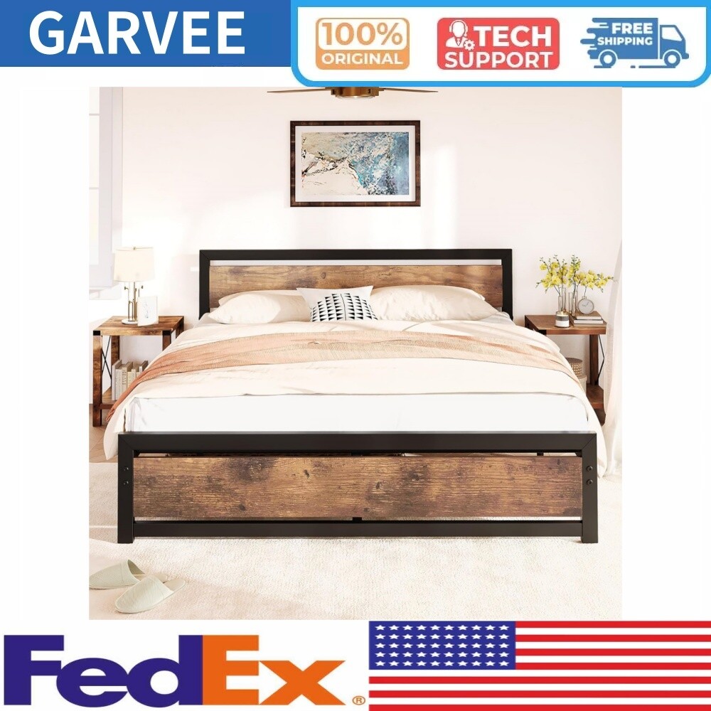 King Size Bed Frame with Wooden Headboard Industrial Metal King Bed Platform