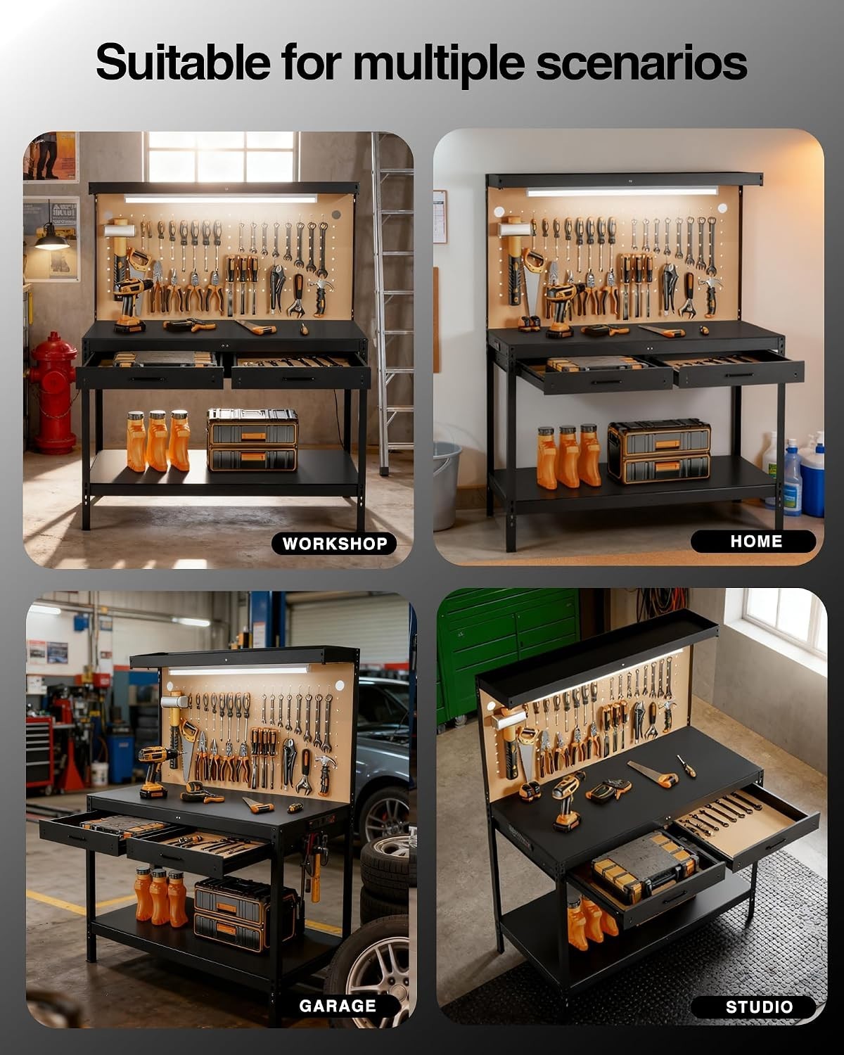 Organized Garage Workbench with Pegboard, 2 Drawers & USB Charging Ports