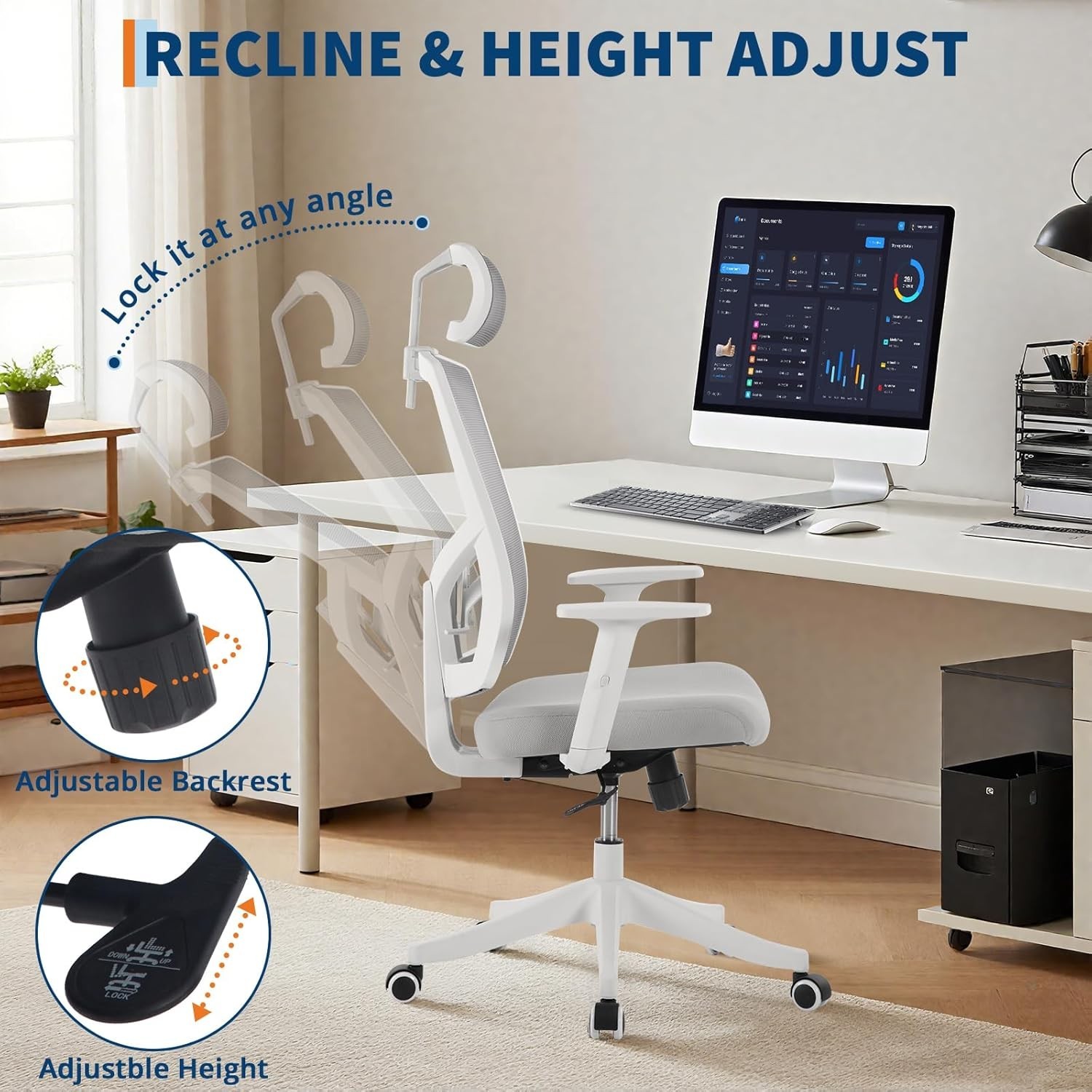 Ergonomic Office Chair, Adjustable High Back Desk Mesh Chair with Headrest