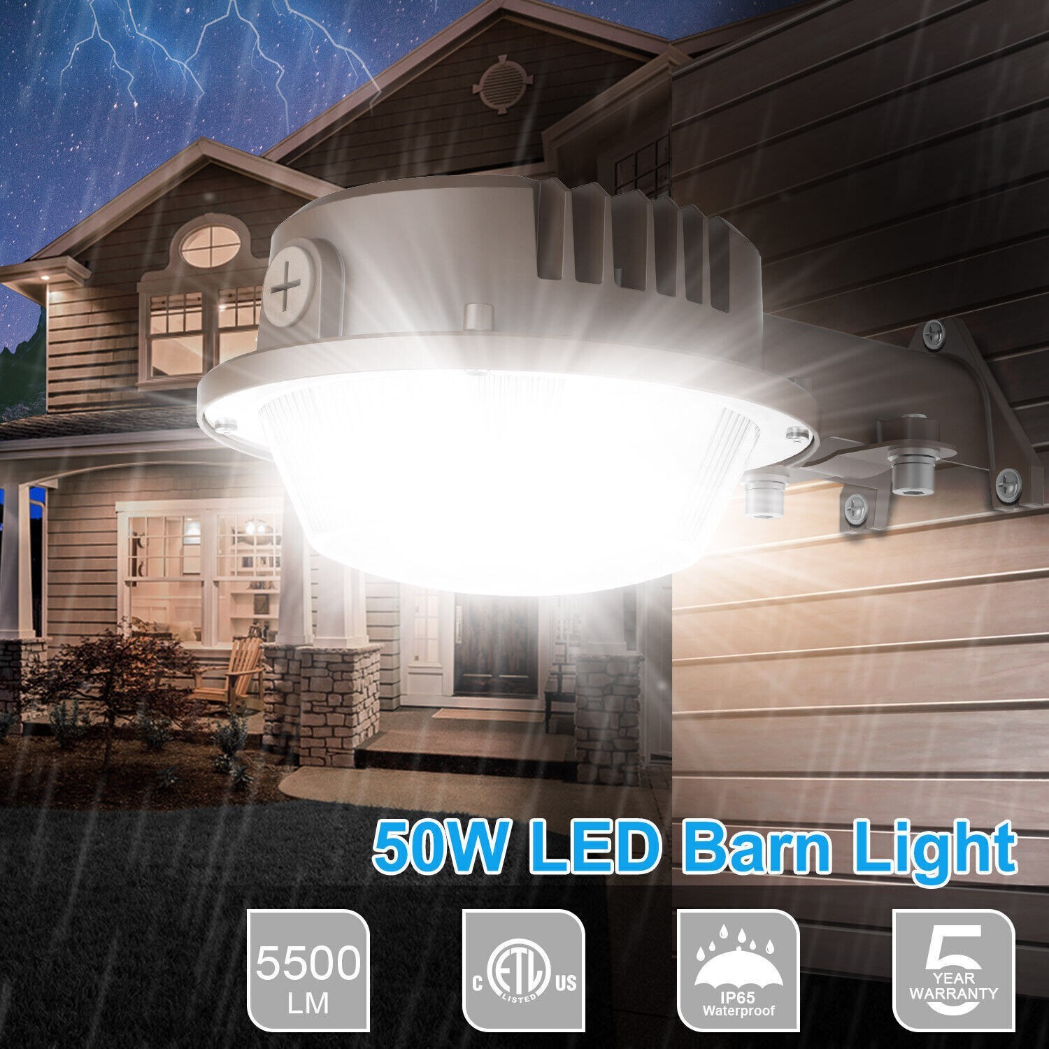 50W LED Barn Light Dusk-to-Dawn Outdoor Street Yard Security Floodlight IP65 ETL