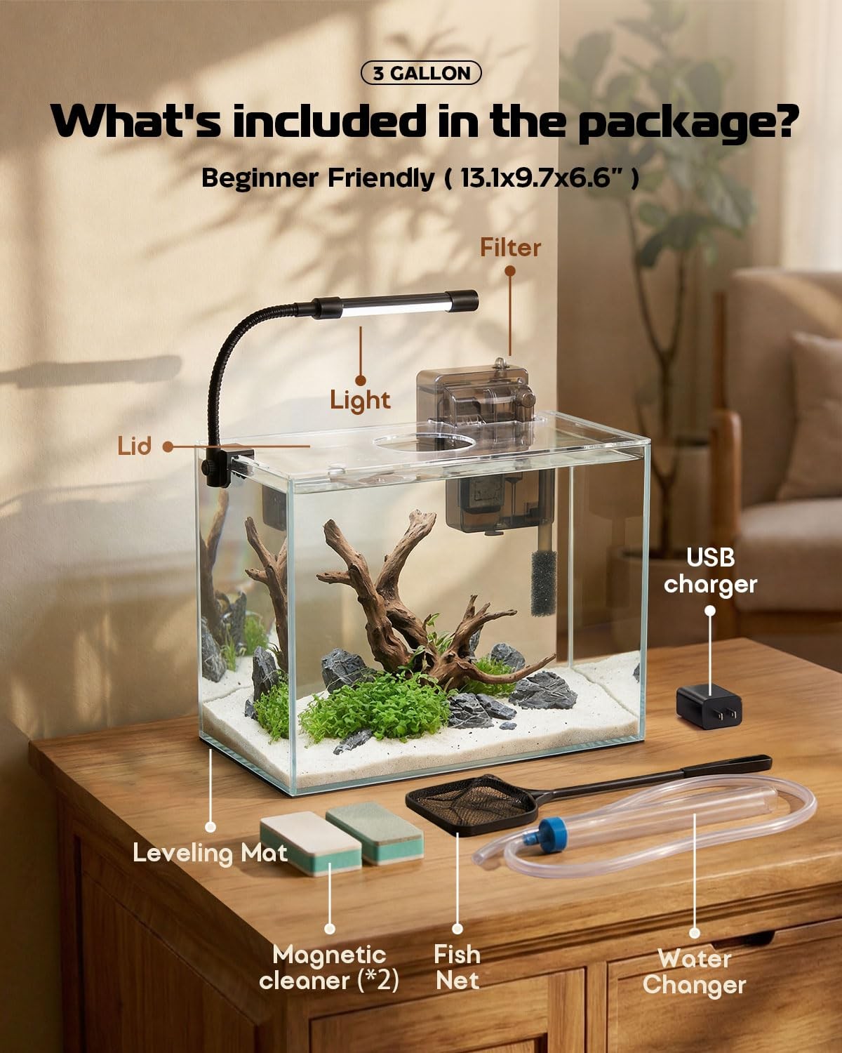 Glass Fish Tank Kit, 3 Gallon Betta Fish Tank Aquarium Starter Kit with Filte...