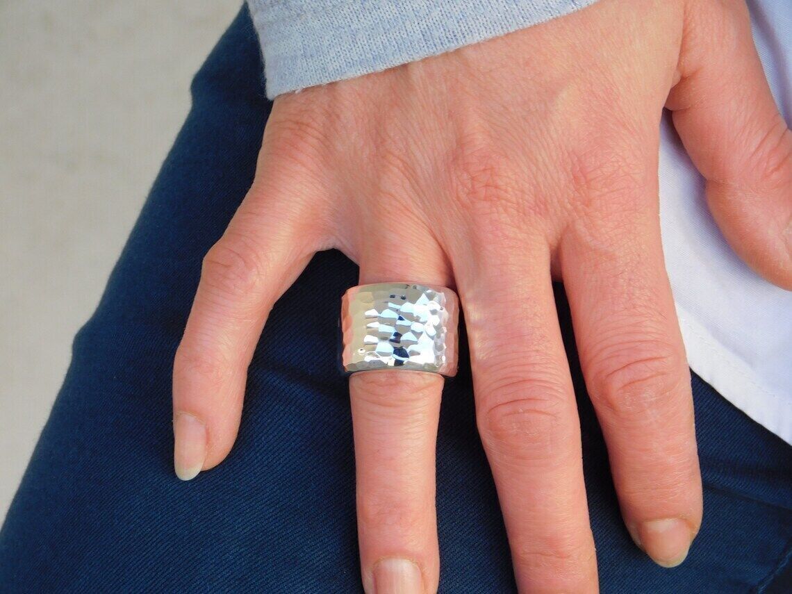Solid 925 Sterling Silver Hammered Band Ring Statement Handmade Ring All Size