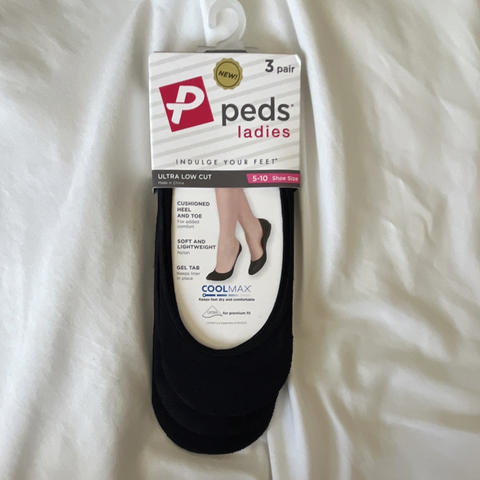 Peds Ultra Low Cut No-Show Socks Gel Tab Black Women 3 Pair Shoe Size 5-10