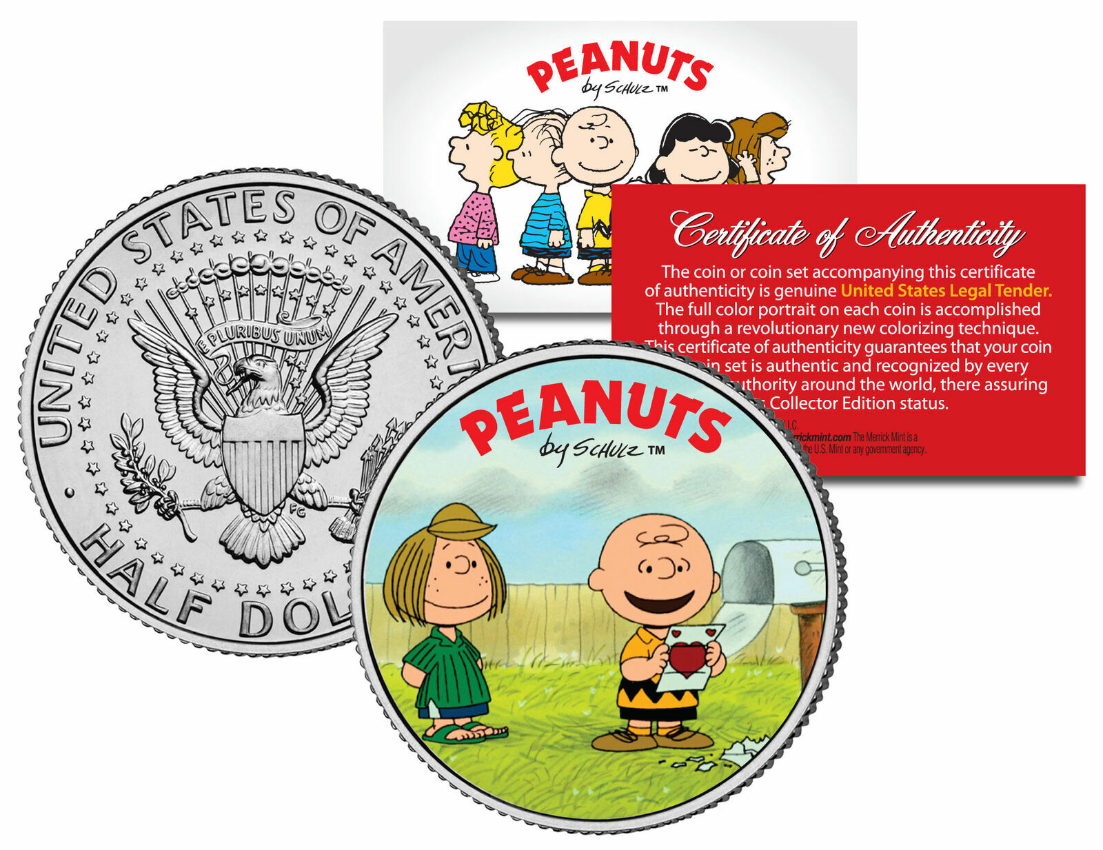 PEANUTS VALENTINE'S *CHARLIE BROWN & PEPPERMINT PATTY JFK HALF DOLLAR COIN! COA!
