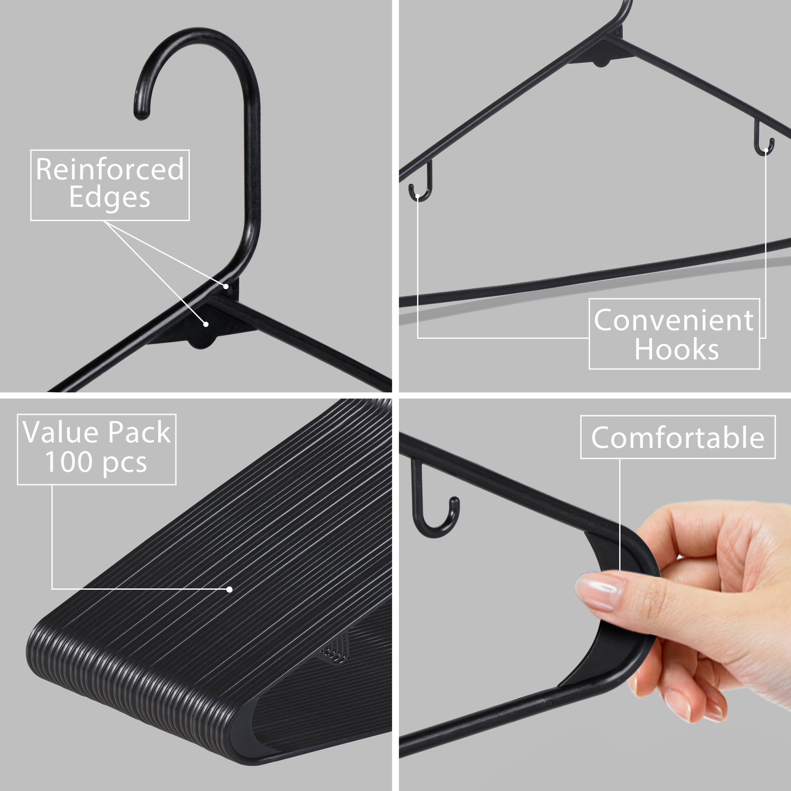 Plastic Clothes Hangers 100 PCS Durable Coat Hangers with 2 Hooks Black