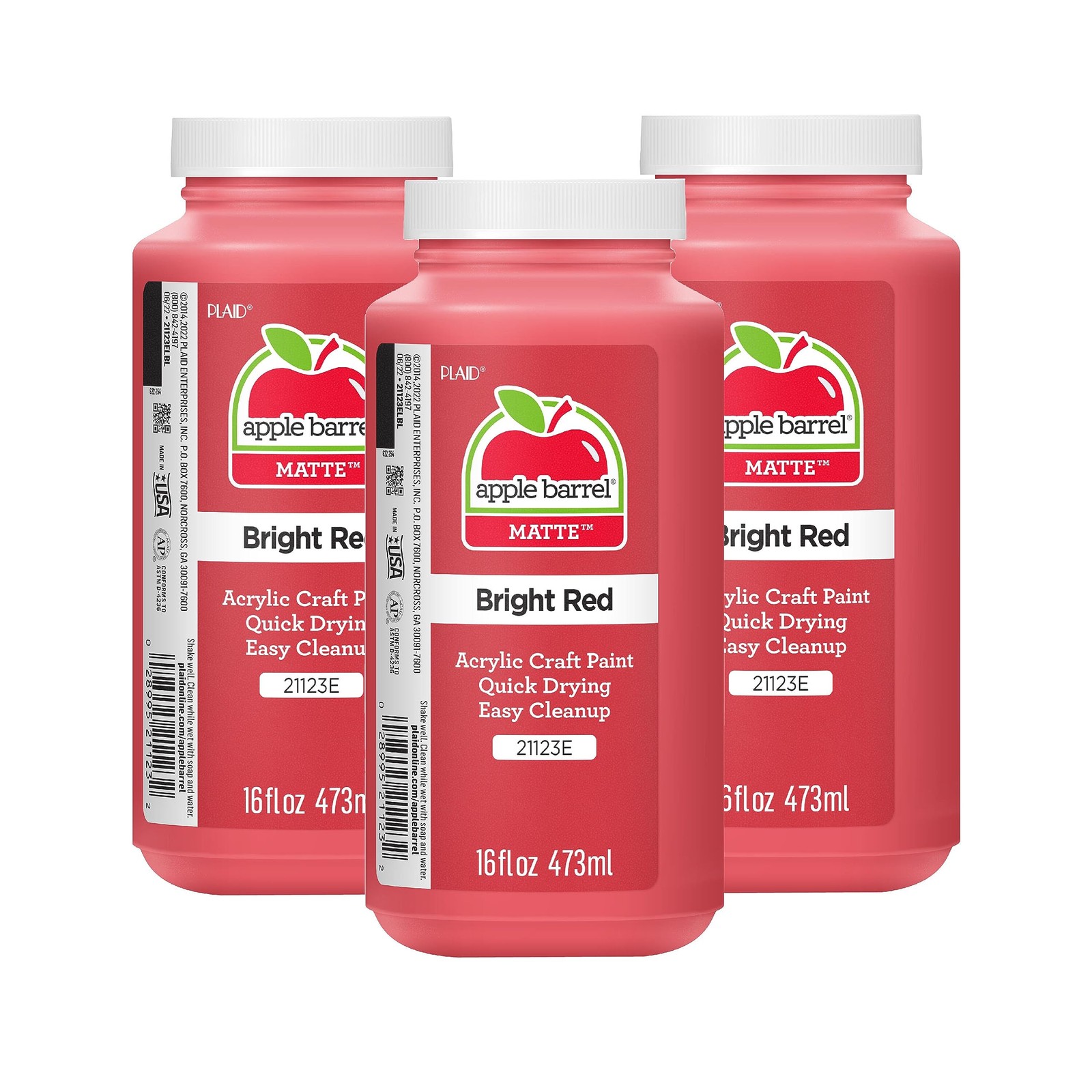 Acrylic Paint in Assorted Colors (16 Ounce), 21123A, Bright Red- (Pack of 3)