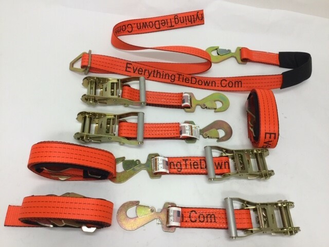 4 Race Car Trailer Tie Down Hauler Ratchet Straps Wrecker Hot Rod Muscle 2" X 8'