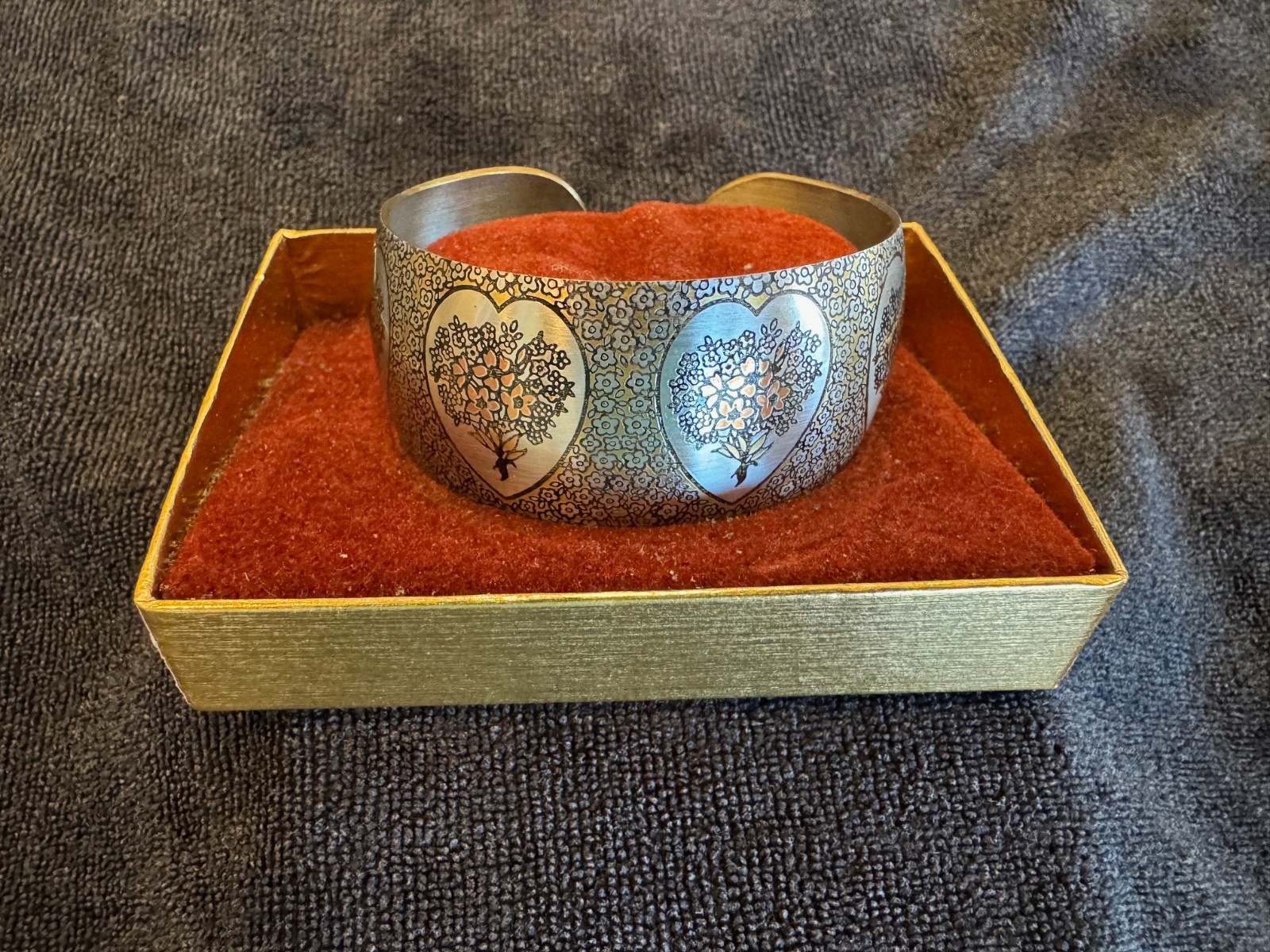 Vintage Reed & Barton Damascene Cuff Bracelet with Hearts & Flowers