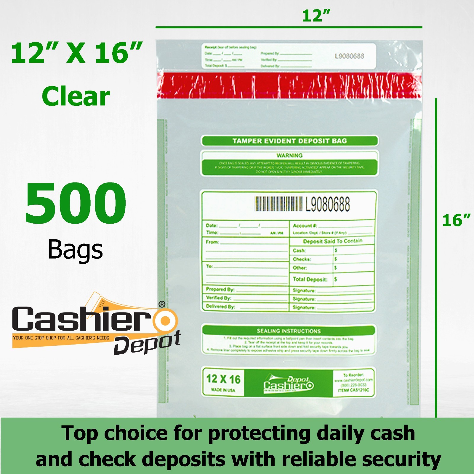 500 Tamper Evident Bank Deposit Bags, 12 x 16 Clear, Serialized, Made in USA