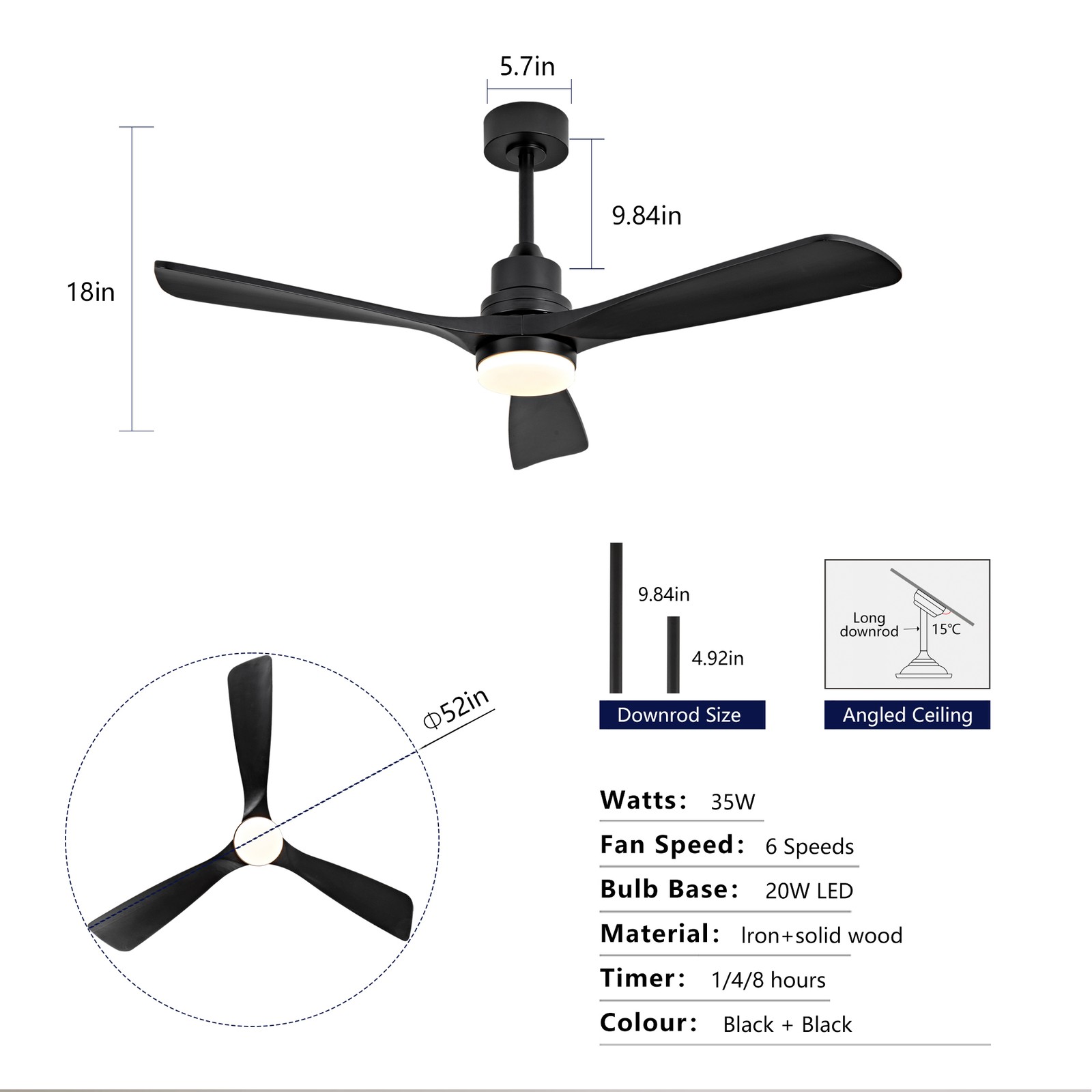 52" Modern Black Ceiling Fan With Light 3 Solid Wood Blades Remote Control