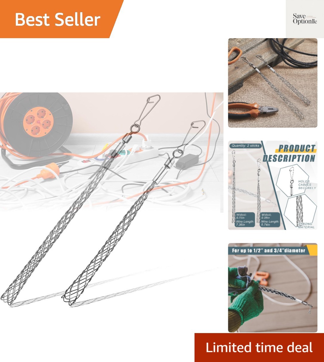 2 Pcs 1/2 in and 3/4 in Wire Pulling Grip Mesh Metal Cable Puller Socks Wire ...