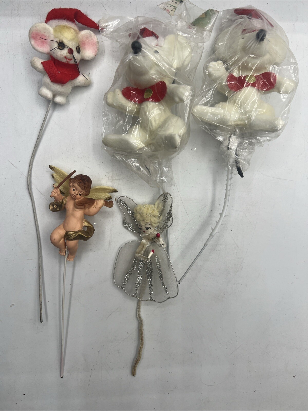 Lot of 5 Vintage Floral Picks Flocked Mice Mouse Angel Cherub Package Ties