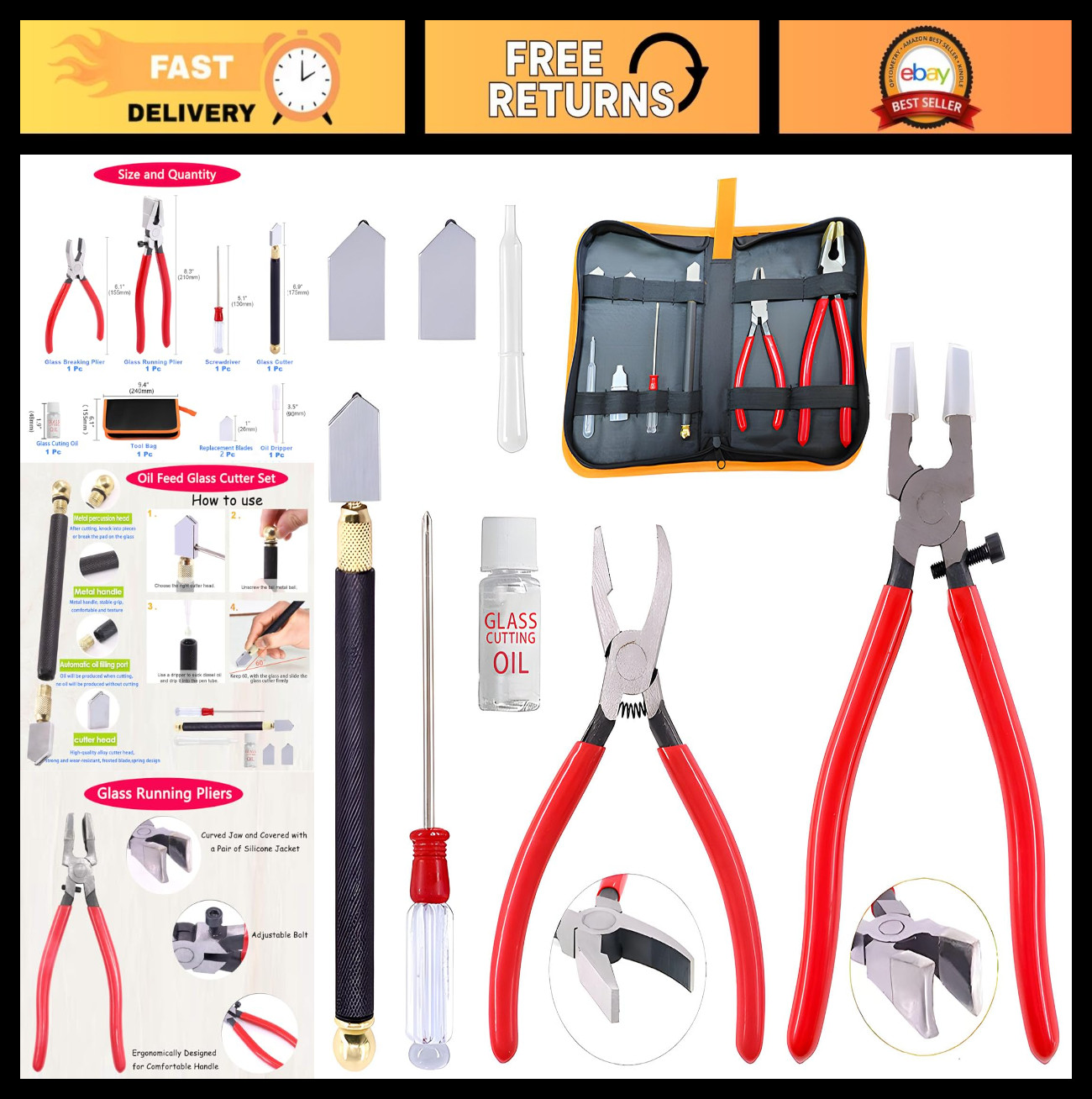 Glass Cutting Tool Set - Nipper, Running Plier, Breaking Plier & Oil Cutter Kit