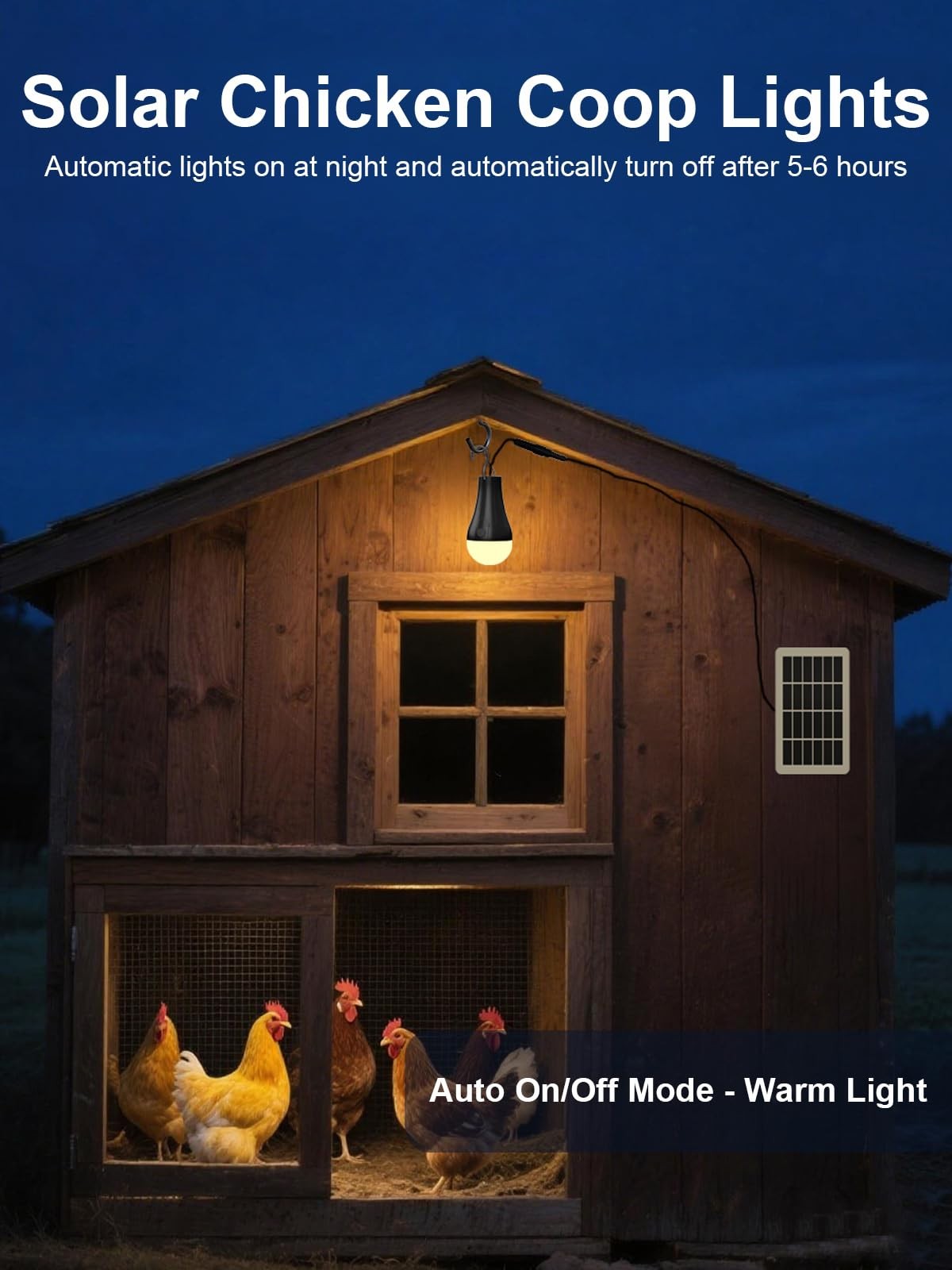 Solar Light Bulbs Waterproof, Rechargeable Chicken Coop Light with Timer, 3 Colo
