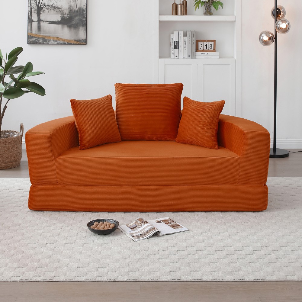 Convertible Sofa Bed w/ Foam Corduroy Cover, Orange - Modern Futon