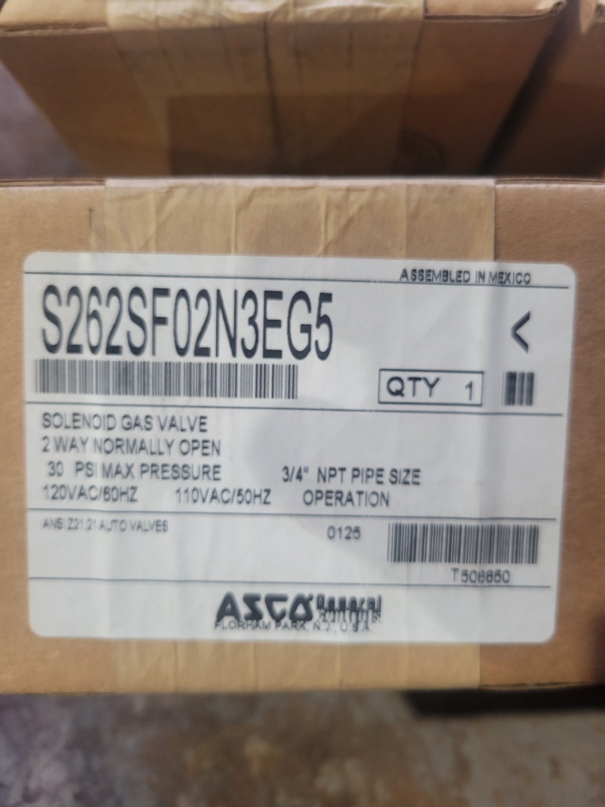 Asco S262SF02N3EG5 Gas Solenoid Valve 3/4in Npt 30psi 110-120v-ac