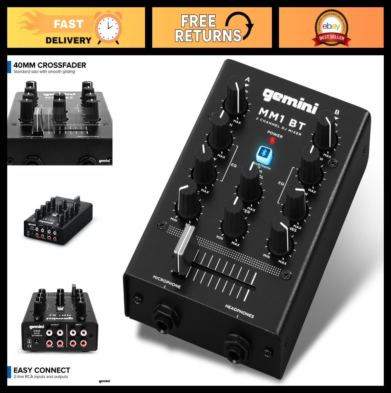 Portable Bluetooth DJ Mixer - 2-Channel Mini Audio Mixer with Wireless Input, RC