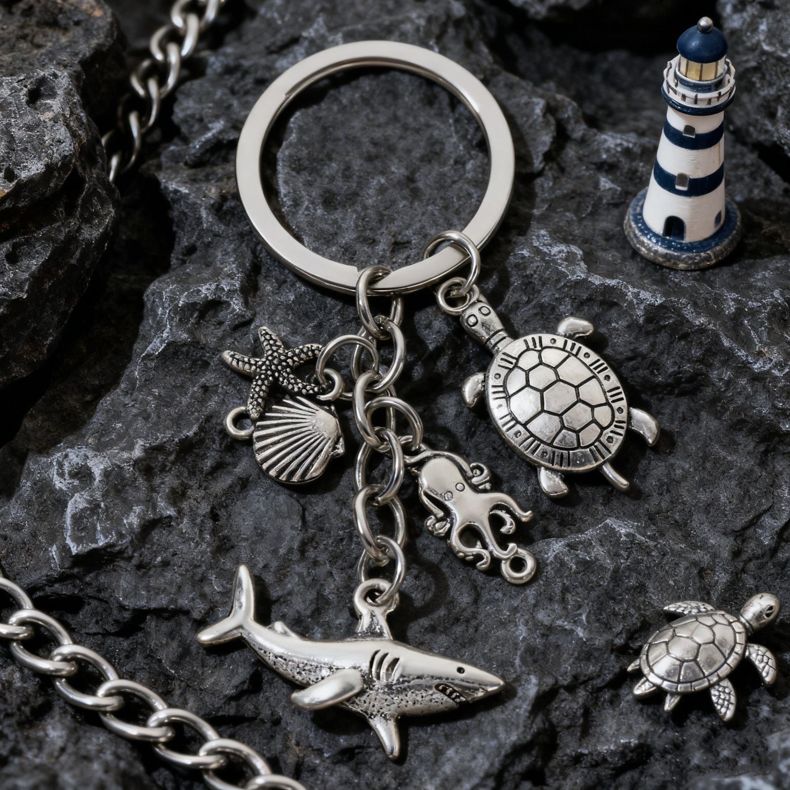 Keychain Salt Water Life,Nautical Pendant Beach Ocean Charm Turtle Starfish