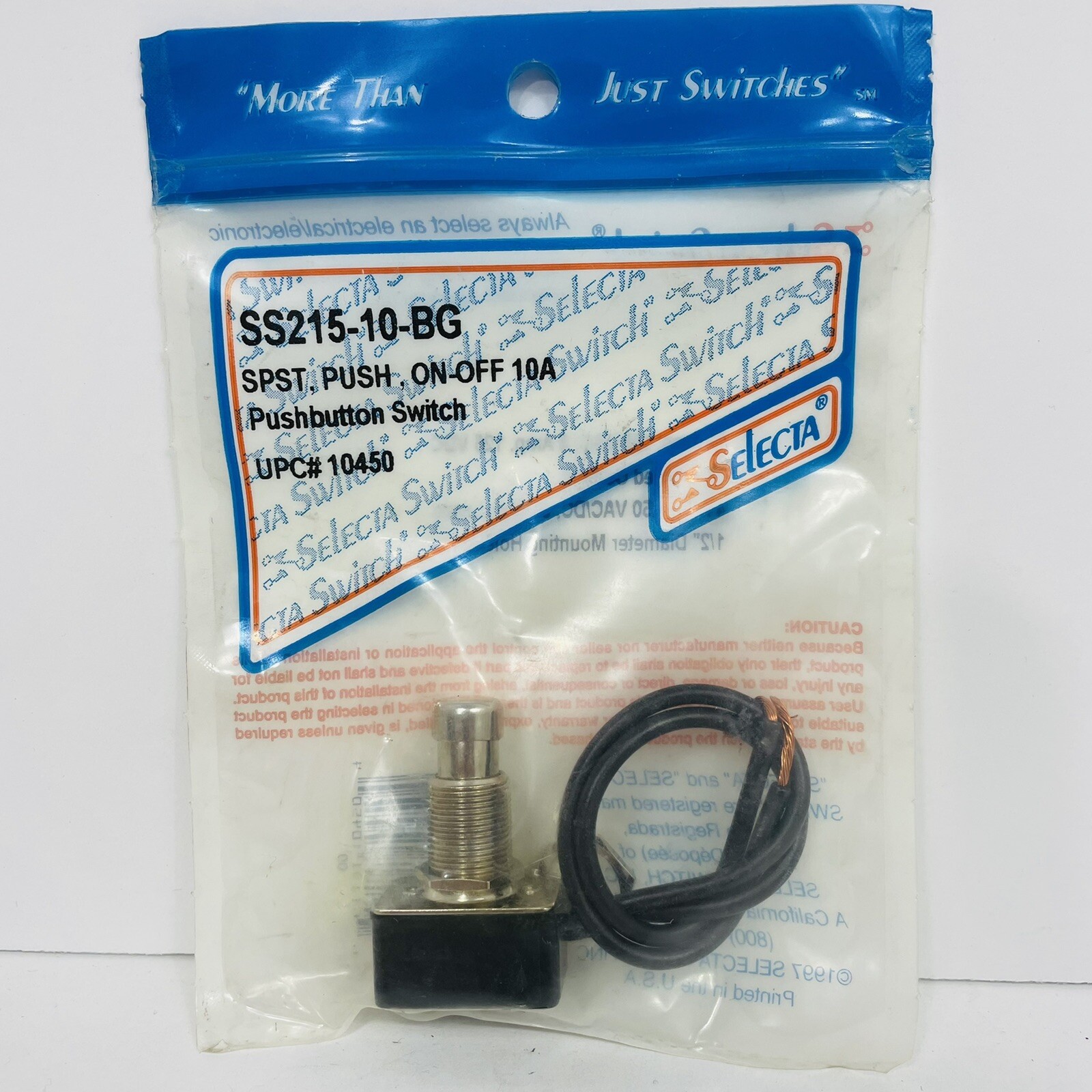 Selecta SS215-10-BG Pushbutton Switch SPST On-Off 6A  6” Leads 15/32” Dia.