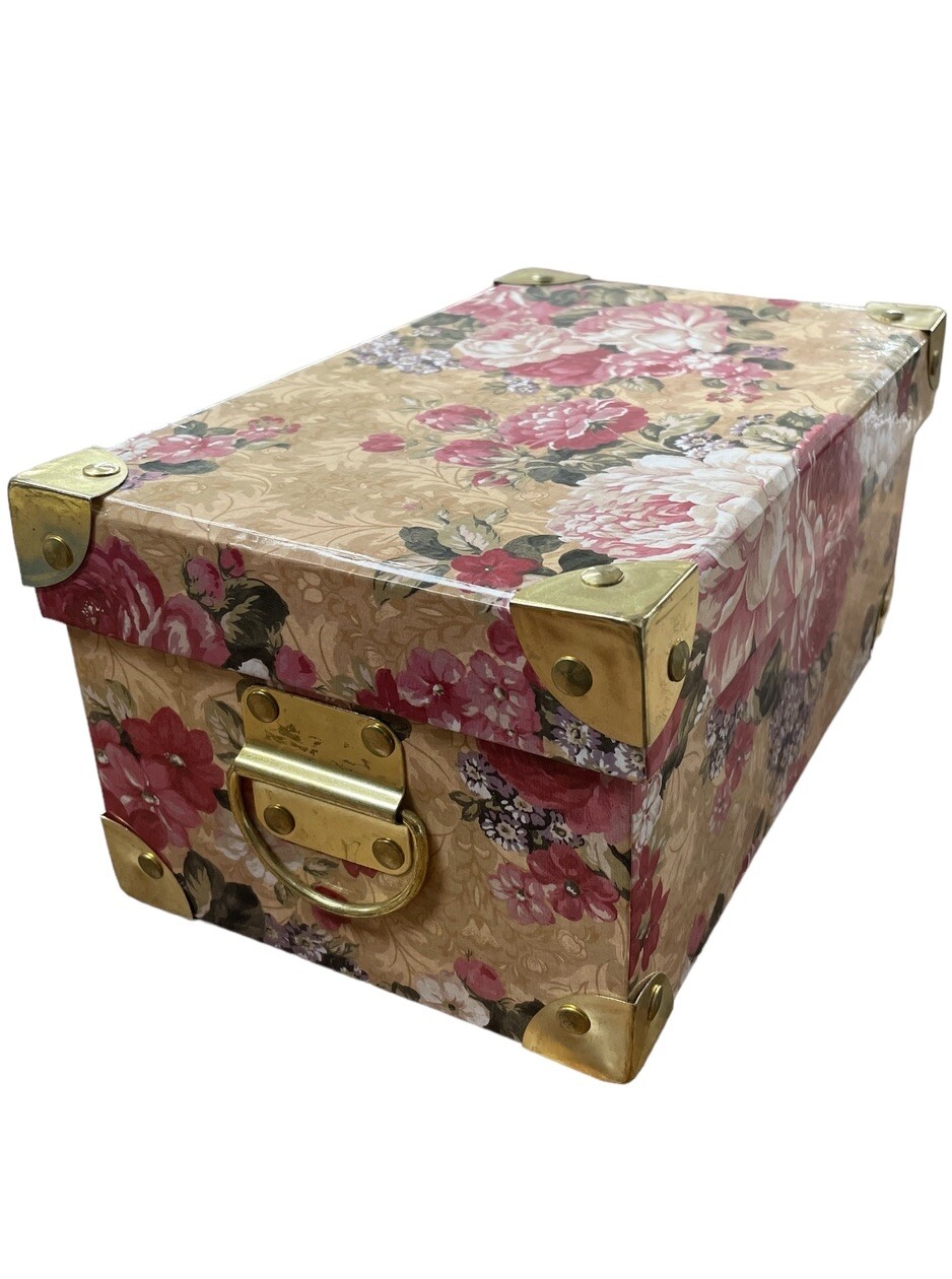Paper Mache Floral Box With Metal Corners And Handles- Cottage Core