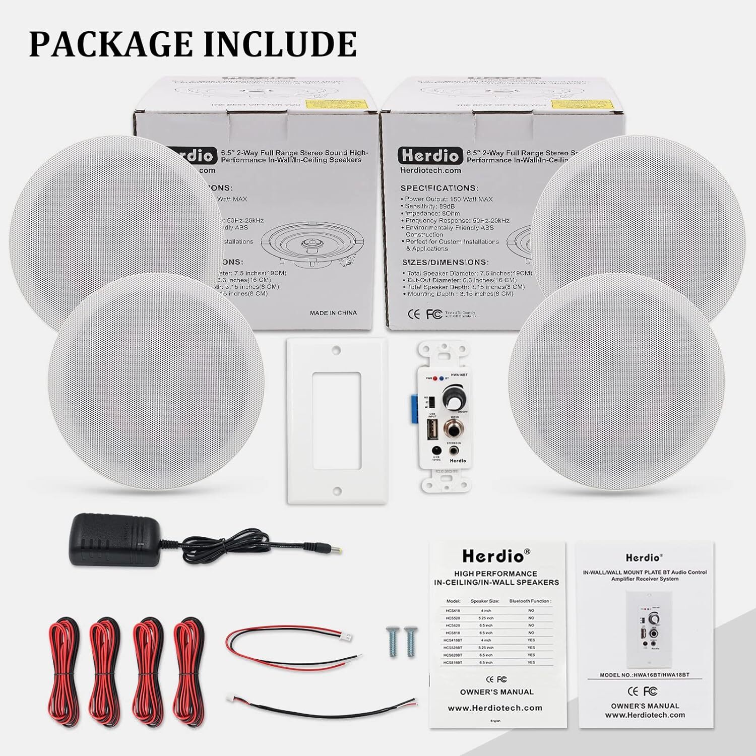 Herdio 4 Pack 6.5'' Bluetooth Ceiling Speakers 600W Bass With In Wall Amplifier