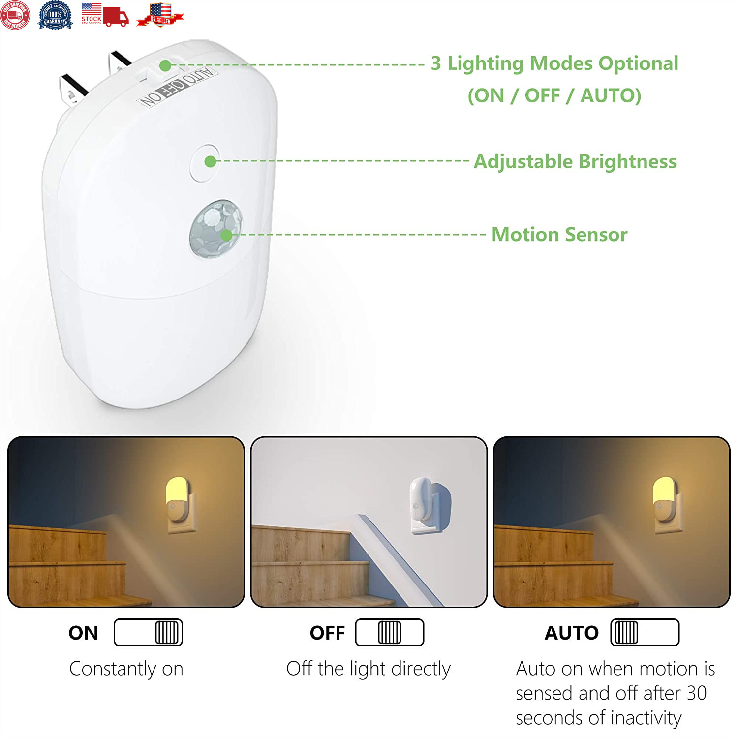 Plug In Motion Activated Detector Sensor LED Indoor Night Light Electrical