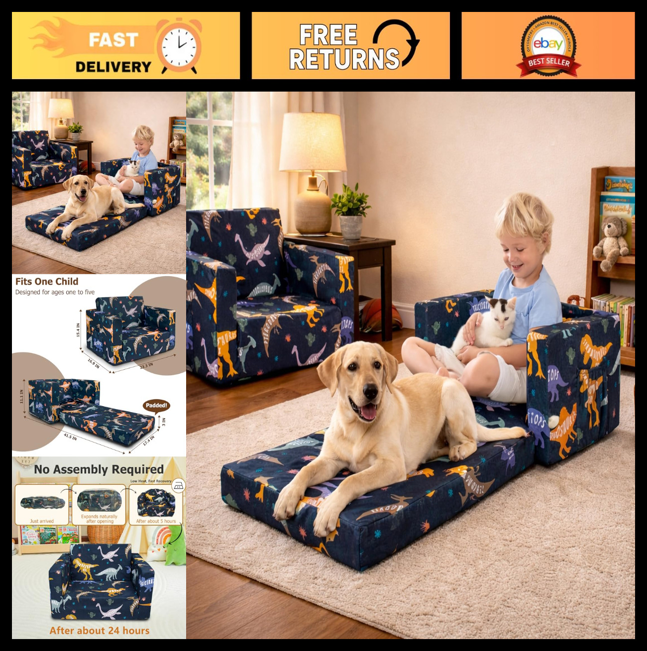 Kids Couch, 2-in-1 Kids Fold Out Couch, Convertible Kid Sofa to Lounger for