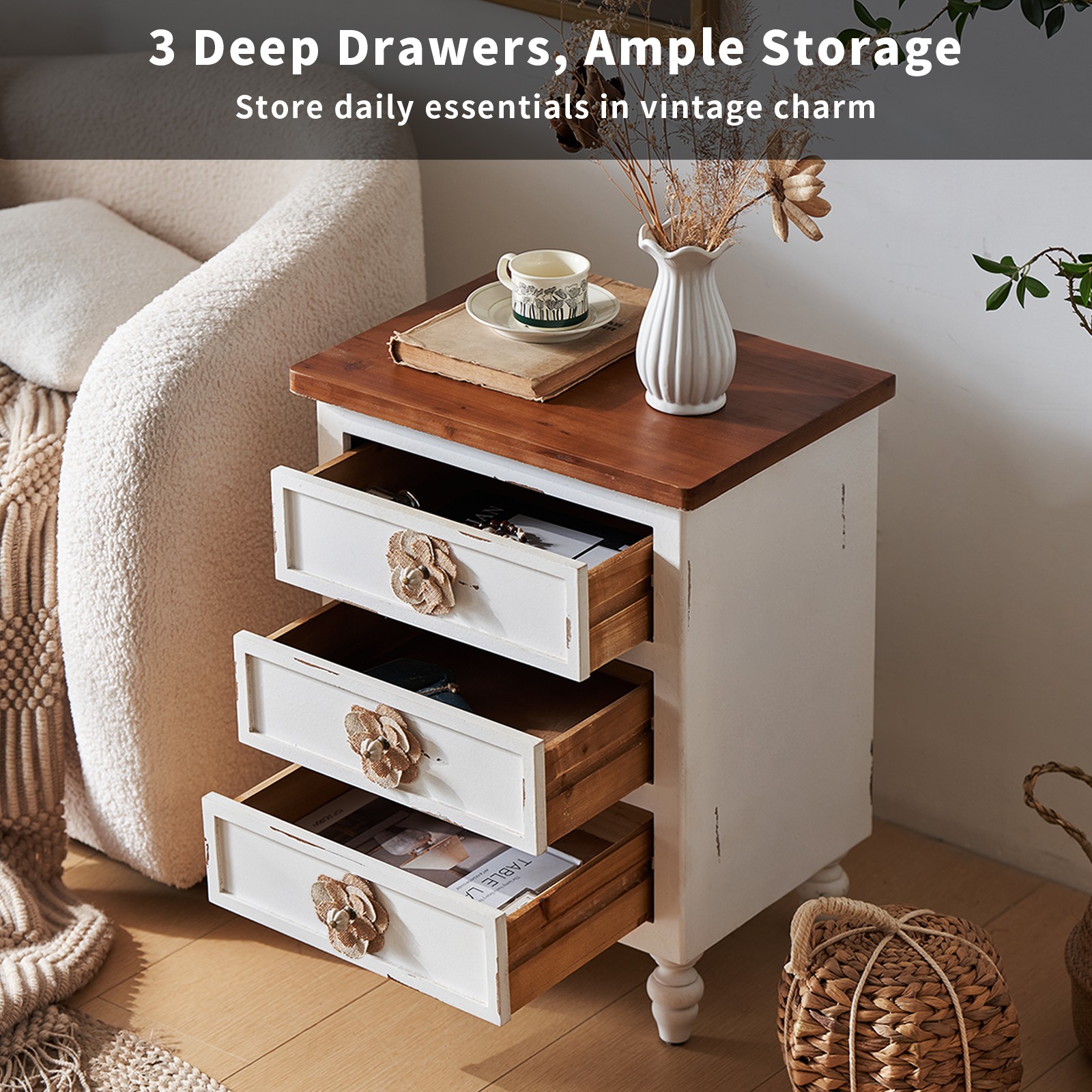 Vintage Farmhouse End Table with Floral Knobs – 19" Rustic Nightstand with 3 Dra