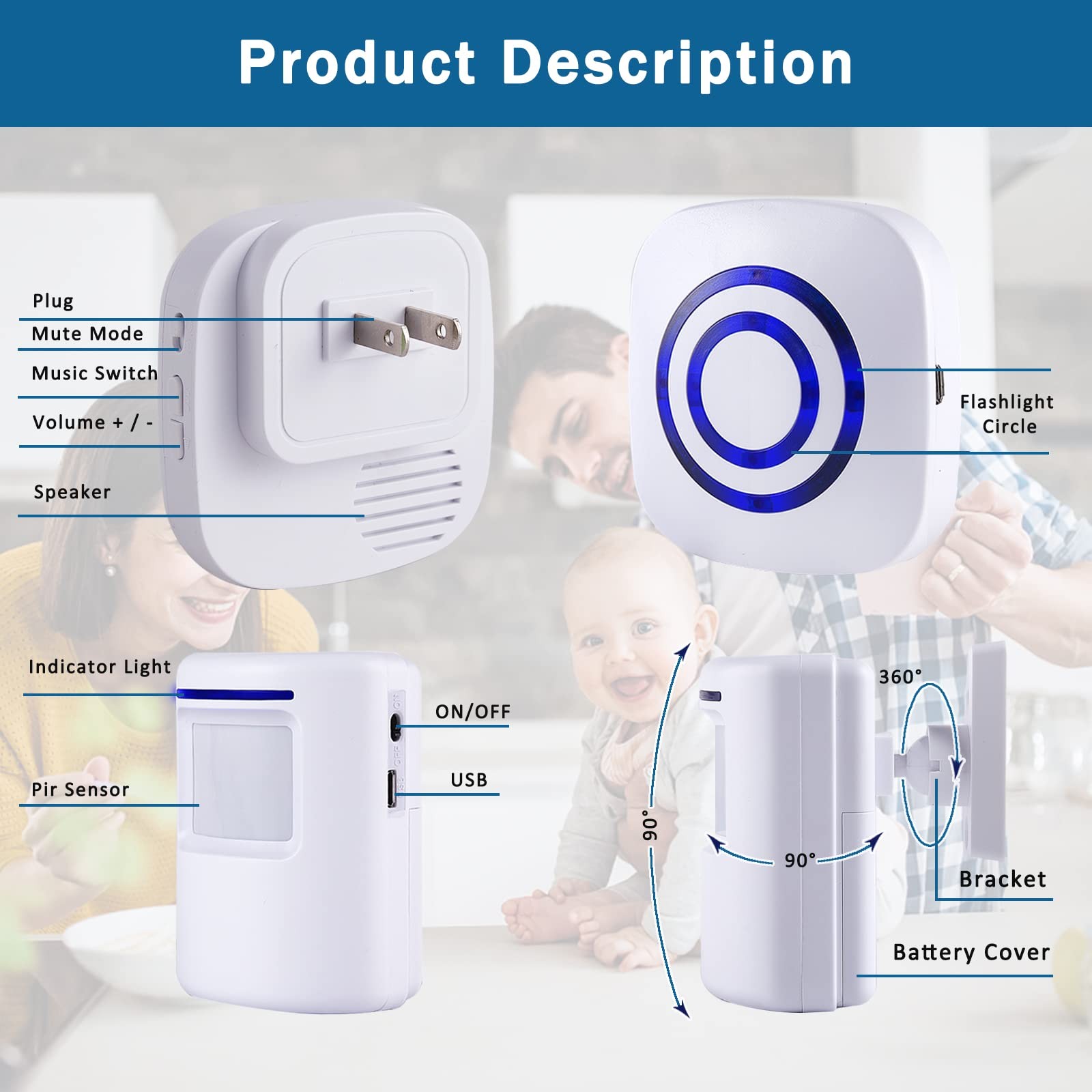 Seanme Motion Sensor Alarm, Wireless Driveway Home Security White