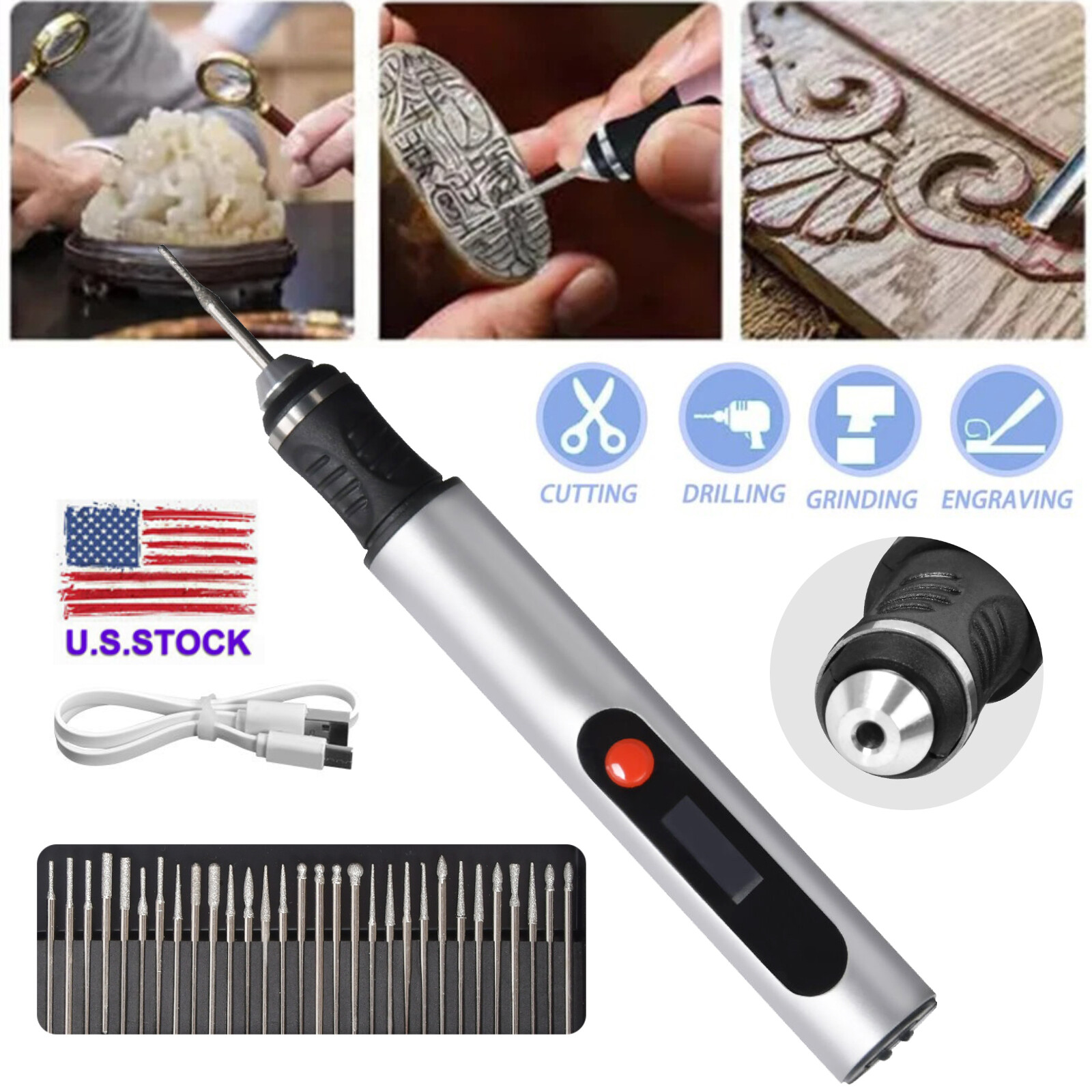 USB Rechargable Engraving Pen w/ 30 Bits Mini Electric DIY Engraver Cordless 10w