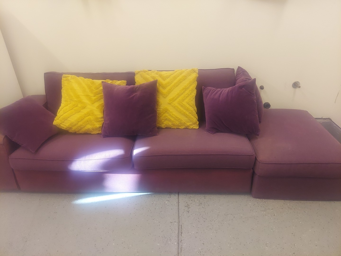 107x34x18 inch Purple Couch  with Six Pillows (Four Purple, Two Yellow)