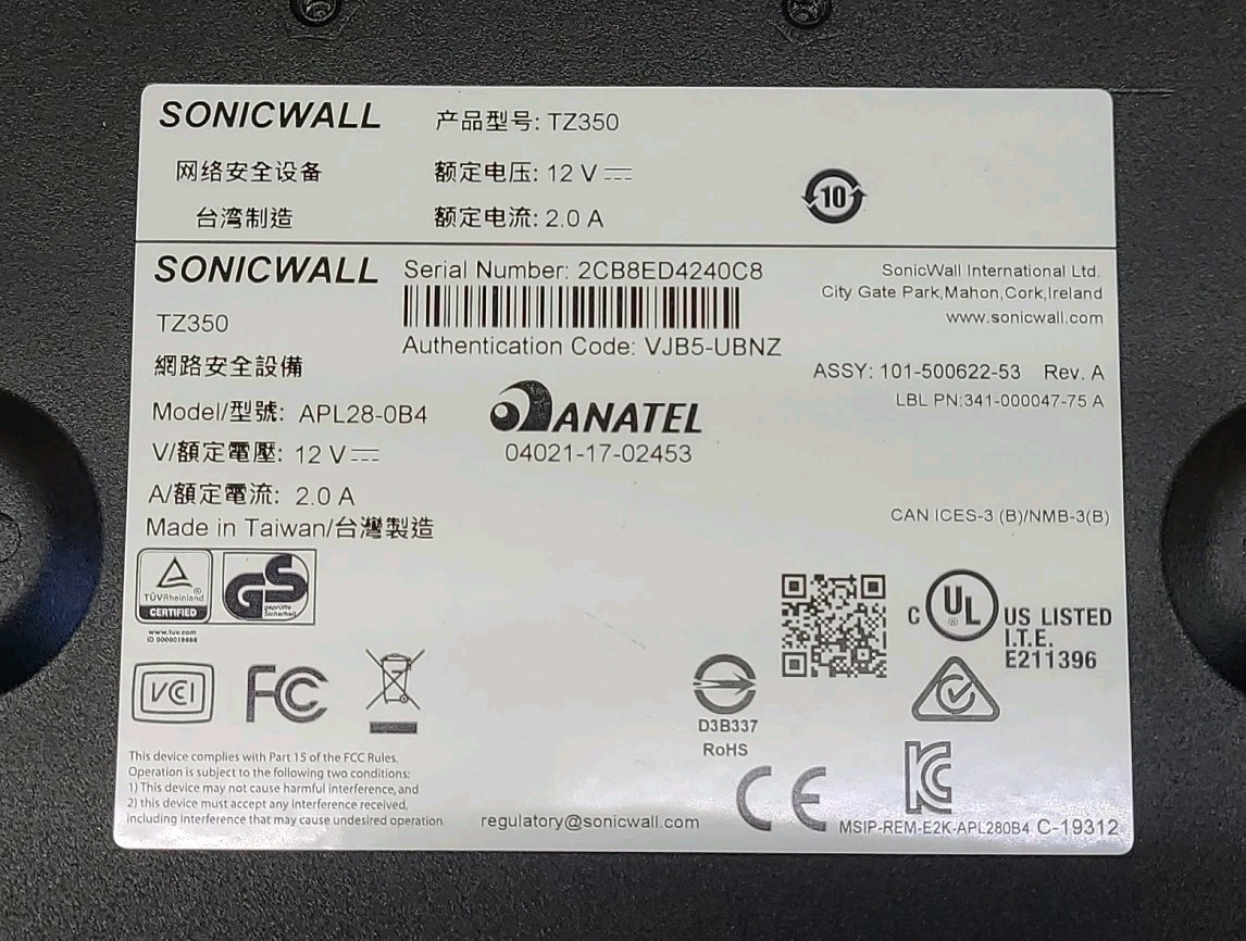 SONICWALL TZ350 ROUTER NETWORK SECURITY APPLIANCE No Antenna, No Adapter TESTED