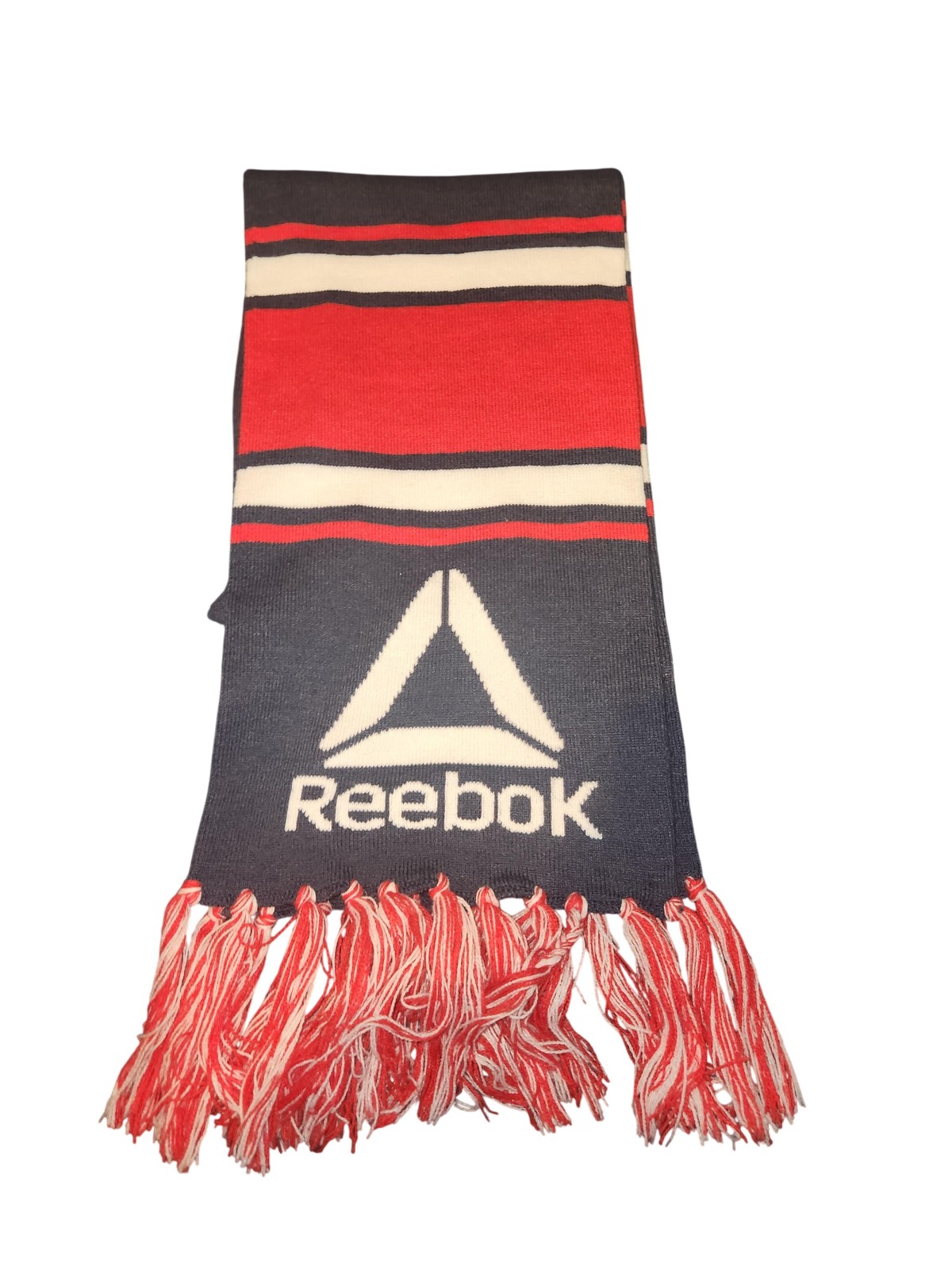 Reebok Scarf Mens One Size Red Navy Striped Knit Logo Fringe Winter Sports