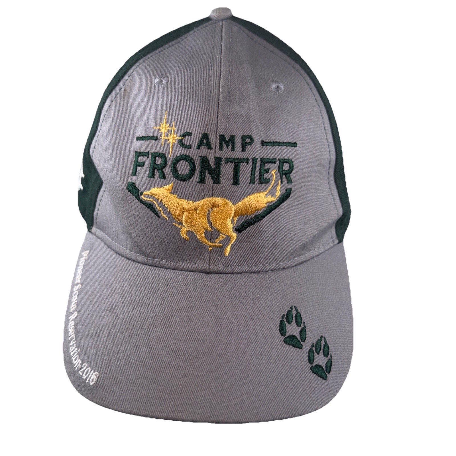 Pioneer Scout Reservation Camp Frontier Hat Cap w Fox in Front Gray w Green