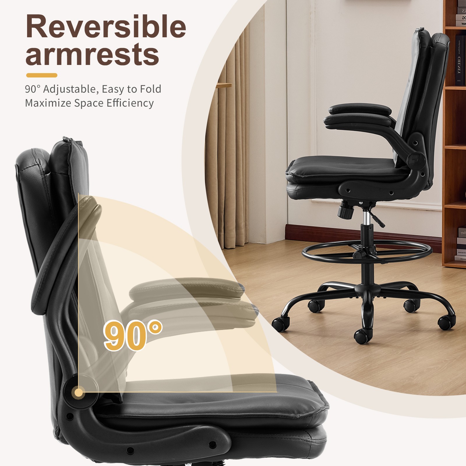 Drafting Chair Tall Office Chair with Padded Flip-up Armrests Executive Black