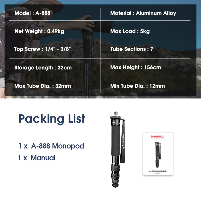 Manbily Monopod Portable Lightweight 7 Section Camera Stand Lightweight 61" US