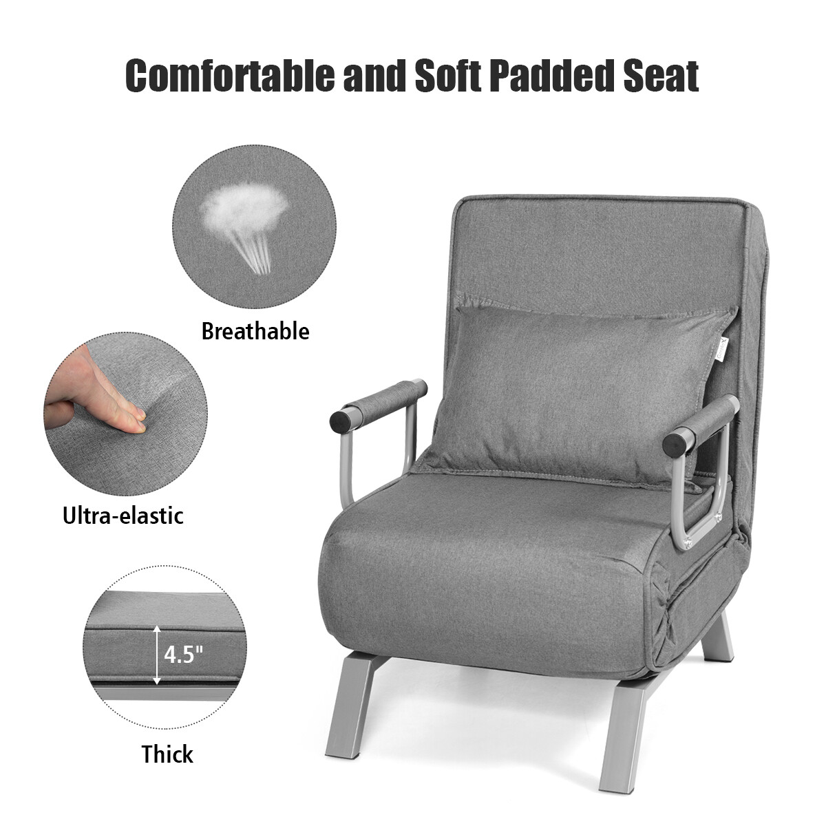 5 Position Convertible Sofa Chair Folding Sleeper Bed w/ Pillow Gray