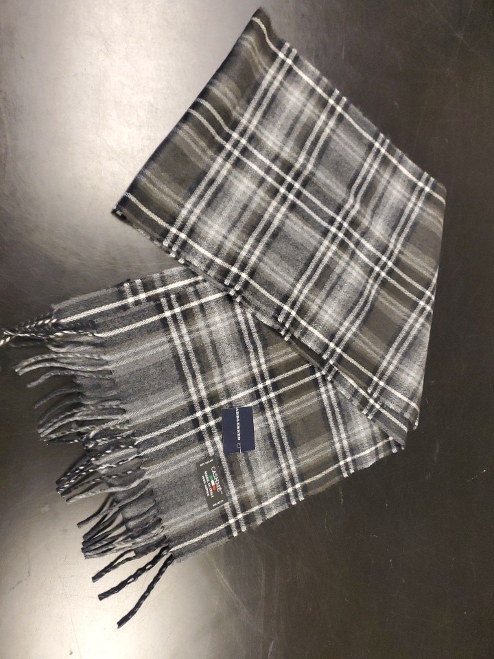 CASHME Mens Scarf Gray white Plaid Made in Italy Acrylic 65” Long 11” Wide EUC