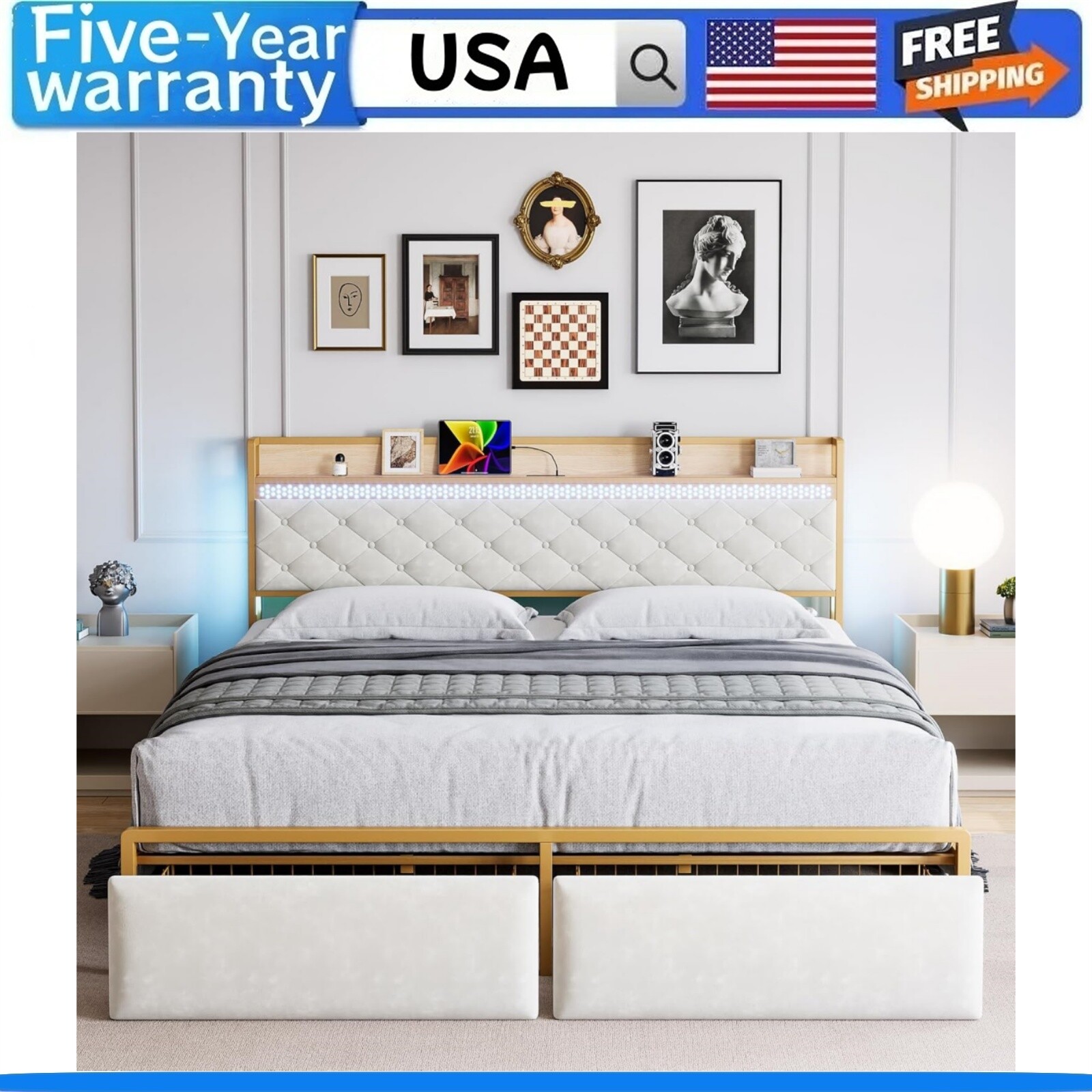 ✅King Size Metl Pltform Bed Frme Hedbord nd 2 Drwers with Led Lights