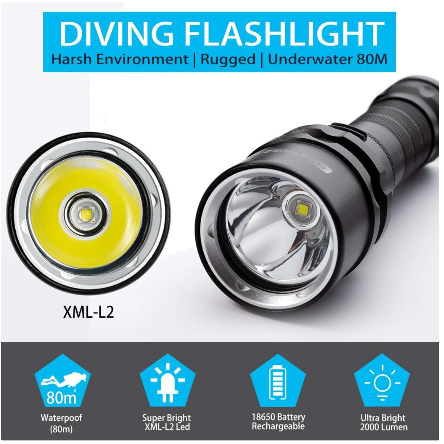 Dive Light with Charger - 2000 Lumen Underwater Flashlight