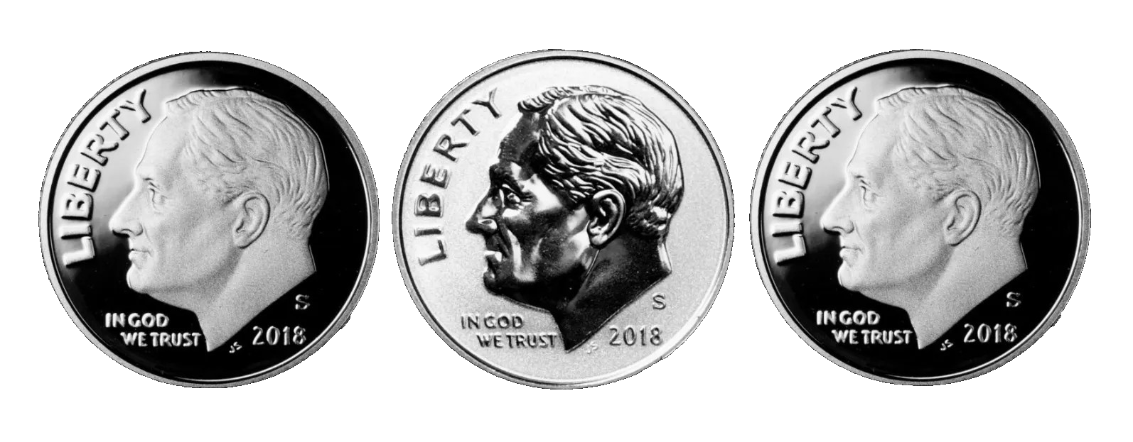 2018 P+D+S+S+S Roosevelt Dime Reverse, Silver, Clad and BU from Mint Proof Set